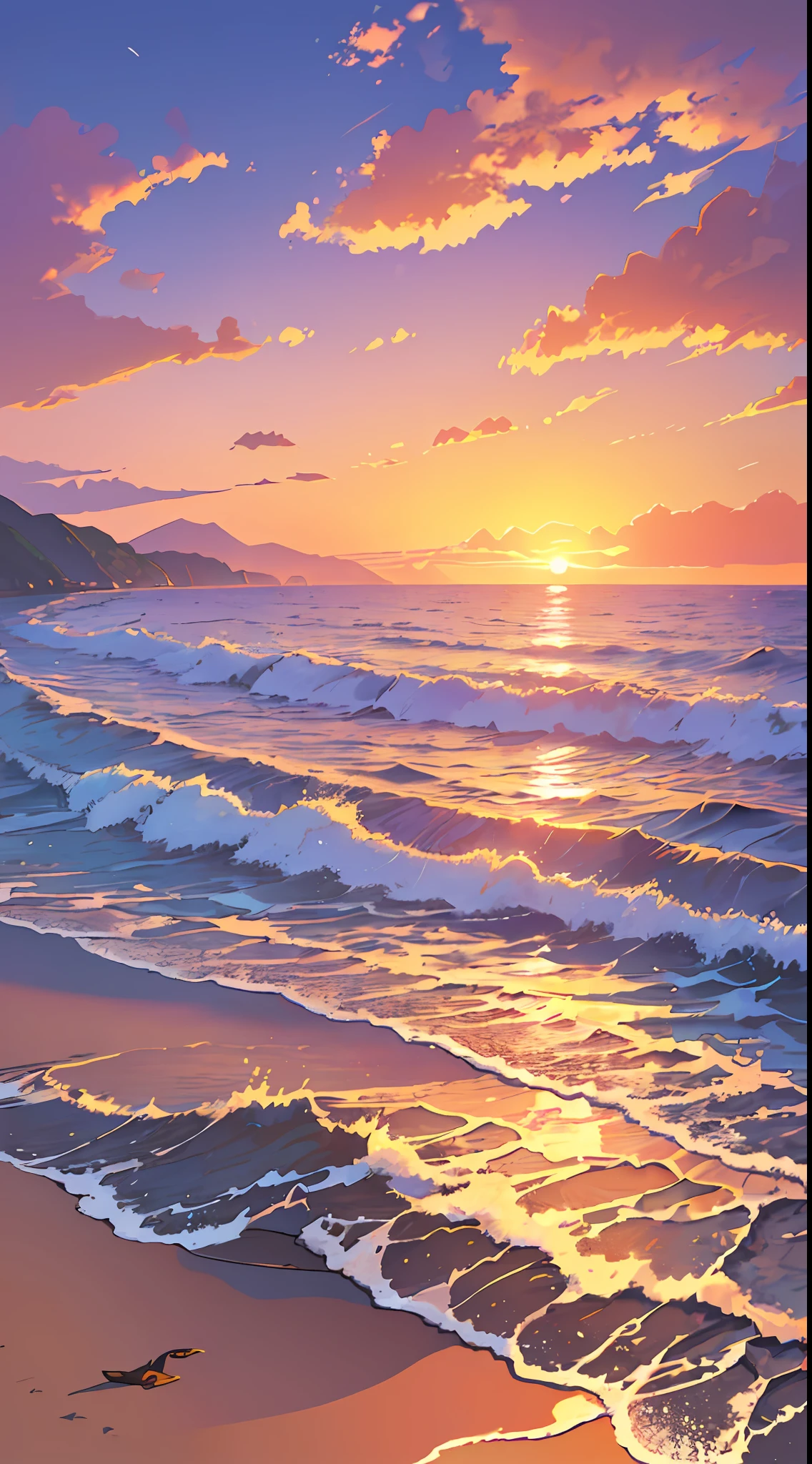 ((landscape with sunset:1.2, sea:1.1, beach:1.1)), extreme detailing, best quality, vibrant colors, dynamic positioning, light reflection, wide perspective, summer weather, mountainous background)