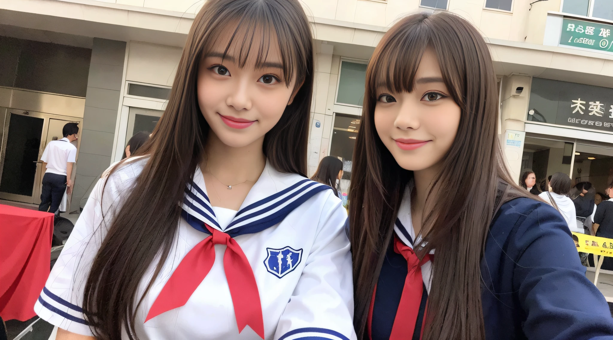 (8k, RAW photos, top quality, masterpieces: 1.2), ultra detailed, super resolution, (realistic, real photos: 1.37), portraits, high resolution RAW color photos, professional photos, very detailed and beautiful, ultra high quality, 8k wallpapers, amazing details, huge file size, very detailed beautiful girls, very detailed faces, very detailed eyes, very realistic skin, very detailed fingers, very detailed nose, Highly Detailed Mouth, Perfect Anatomy, Highly Detailed Background,Net Cafe very detailed clothes, , pretty girl, famous Japan idol, cute, realistic body, slender, white skin, glowing skin, slim body, long straight hair, (dull bangs:1.2), realistic face, delicate eyes, double eyelids, sailor suit, red ribbon schoolgirl friend smile fashionable uniform good friend Hair fluttering in the wind After school Brown hair Energetic belly button out High school girl youth Celebrity level cuteness Multiple high school girls , camera gaze, boyfriend perspective, , super high definition, fashionable café, Internet café, super high definition realistic face, dimly lit store, drinking cup juice, free drink