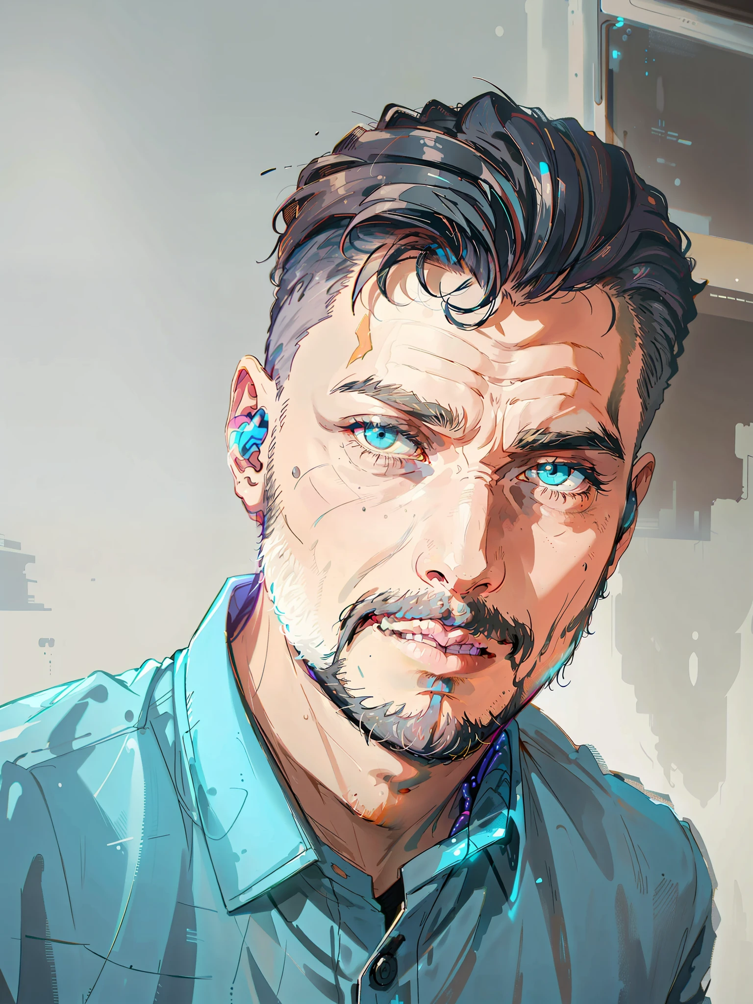 HD, (Best Detail) (Best Quality) There is a man with a beard and a blue shirt, colorful, cyberpunk,
