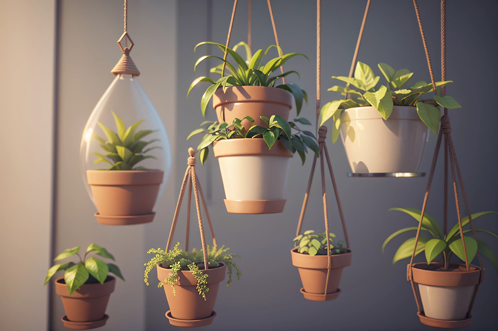Collection of beautiful plants hanging in various pots isolated on transparent background. 3D render. --auto --s2