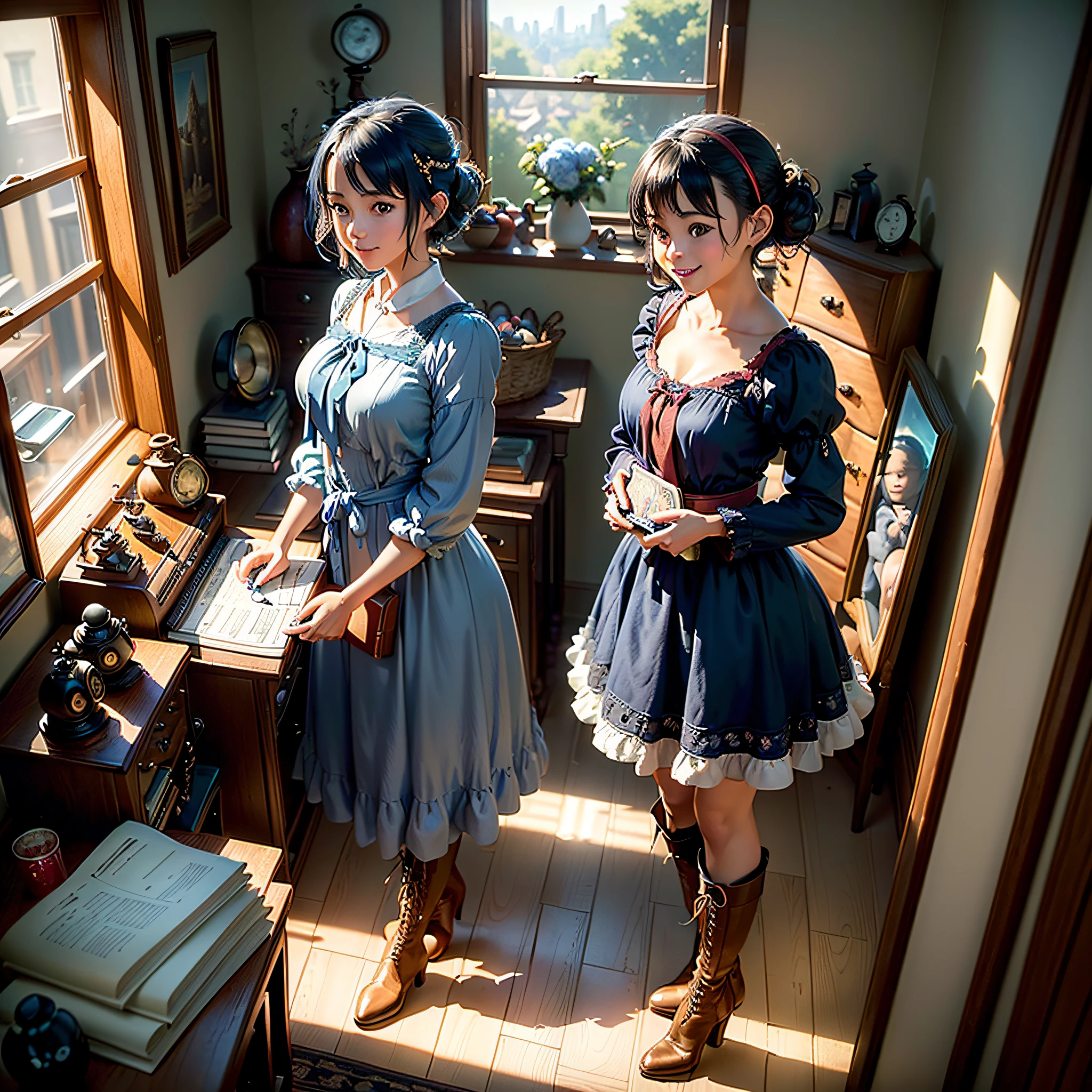 (masterpiece, highest quality, highest resolution, distinct_image, very elaborate CG, cinematic lighting, ray tracing, drop shadows, detailed detail, (photorealistic: 1.4), high quality textures, fine-grained, realistic facial expressions): (lone girl, face is Japan, short blue hair, hair tied back, small size breasts, Sparkly blue eyes, eye level shot, happy smile, beauty, slim body, holiday, own room, console games, computer, display, keyboard, mouse, long blue dress, long boots, antique radio, coffee, model train, bookshelf, wooden chair, pot, fan, painting, stuffed animal, tie, notebook, stationery, vase, photo frames, letters, fountain pens, calendars, lamps, cushions, baskets, mirror in profile, candles, newspapers, sweets, outside the window you can see the park, telephone, fruit, telescope, retro TV)