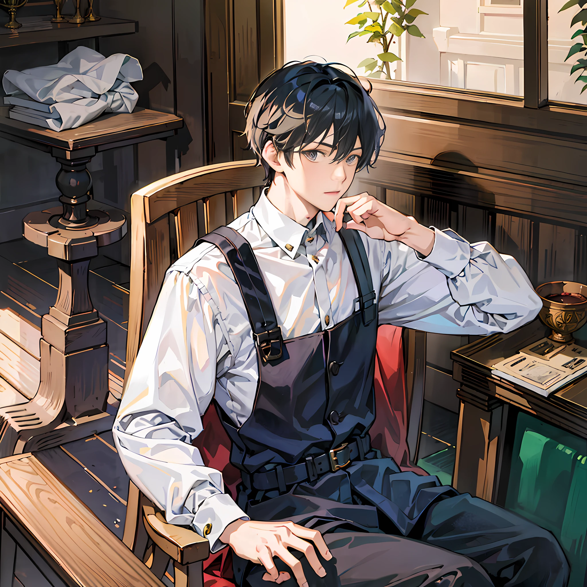 anime man sitting in a chair with his hand on his chin, handsome anime pose, inspired by Bian Shoumin, official illustration, shigenori soejima illustration, anime portrait of a handsome man, handsome guy in demon slayer art, official art, official character illustration, young anime man, delicate androgynous prince, official character art, highly detailed exquisite fanart