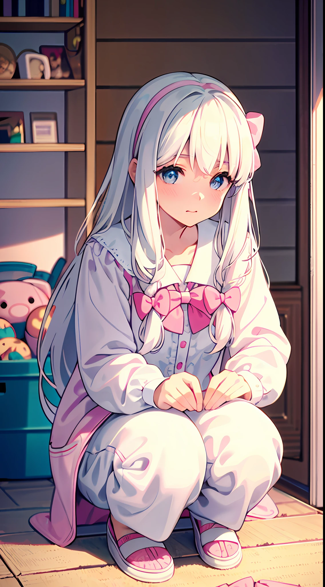 Masterpiece, best quality, super detailed, illustration, beautiful detailed eyes, ((vista, wide angle 1.31)), at home, a girl, white hair, pink bow, white pajamas. ((squatting on the ground)), clothes basket, clothes in hand