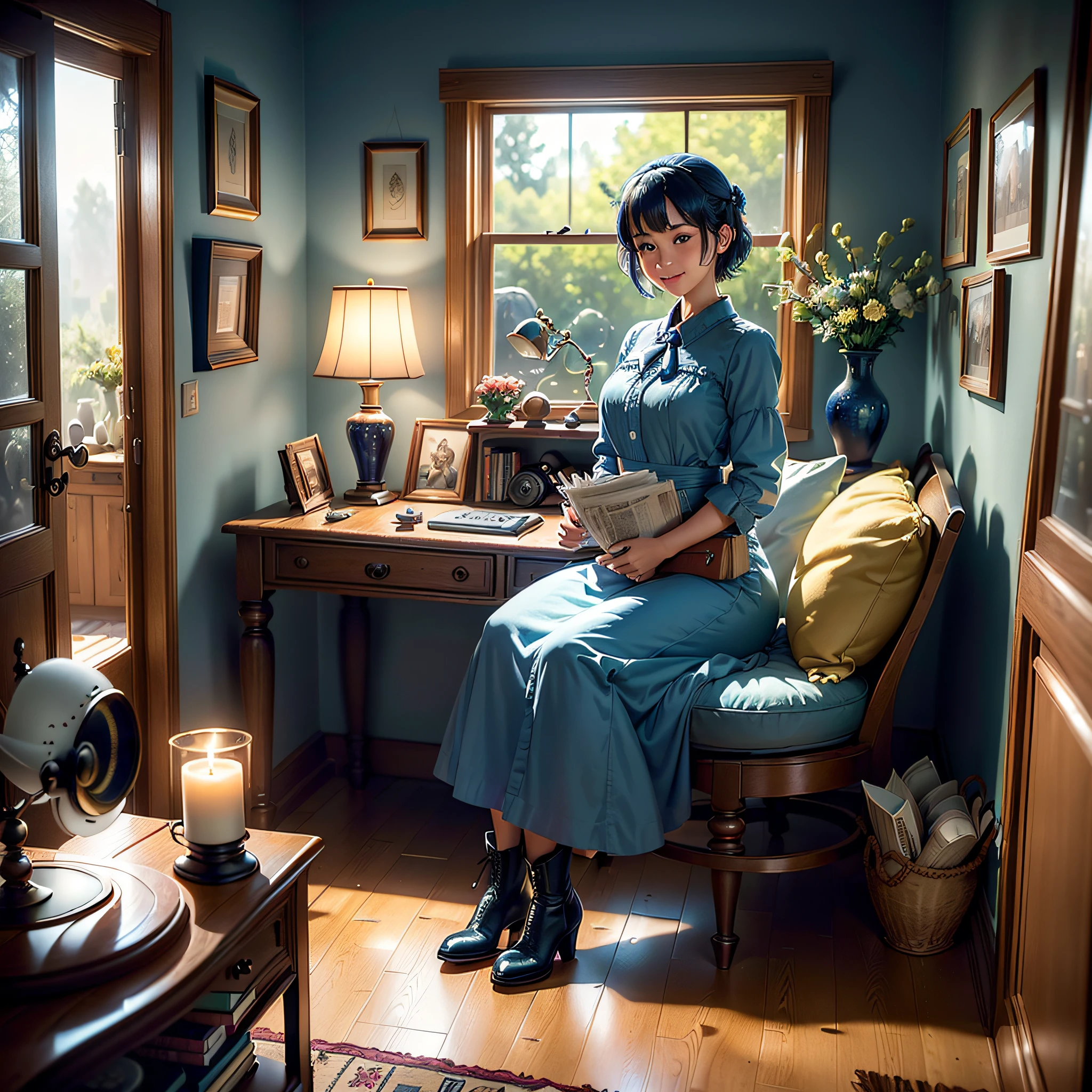 (masterpiece, highest quality, highest resolution, distinct_image, very elaborate CG, cinematic lighting, ray tracing, drop shadows, detailed detail, (photorealistic: 1.4), high quality textures, fine-grained, realistic facial expressions): (lone girl, face is Japan, short blue hair, hair tied back, small size breasts, Sparkly blue eyes, eye level shot, happy smile, beauty, slim body, holiday, own room, console games, computer, display, keyboard, mouse, long blue dress, long boots, antique radio, coffee, model train, bookshelf, wooden chair, pot, fan, painting, stuffed animal, tie, notebook, stationery, vase, photo frames, letters, fountain pens, calendars, lamps, cushions, baskets, mirror in profile, candles, newspapers, sweets, outside the window you can see the park, telephone, fruit, telescope, retro TV)