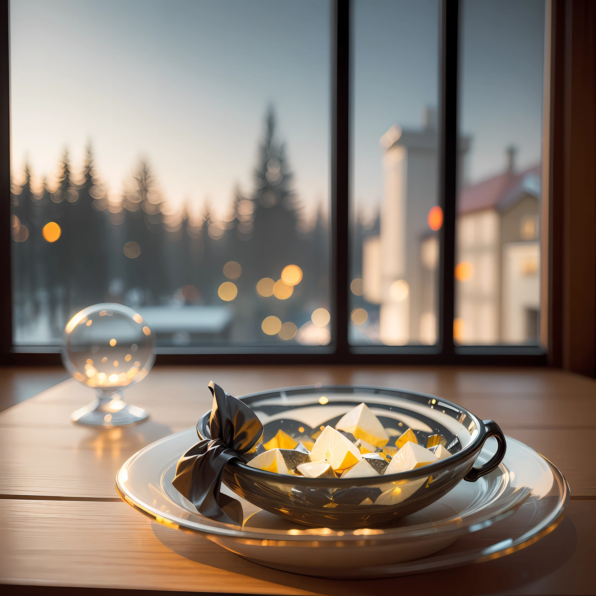 Bowl World, Night, Night Scene, Night Light, Outside the Window, Carved Glass Black Dining Table, Black Dining Table, Depth of Field , ((blurred background)),
Masterpiece, the best quality, super delicate, --auto --s2