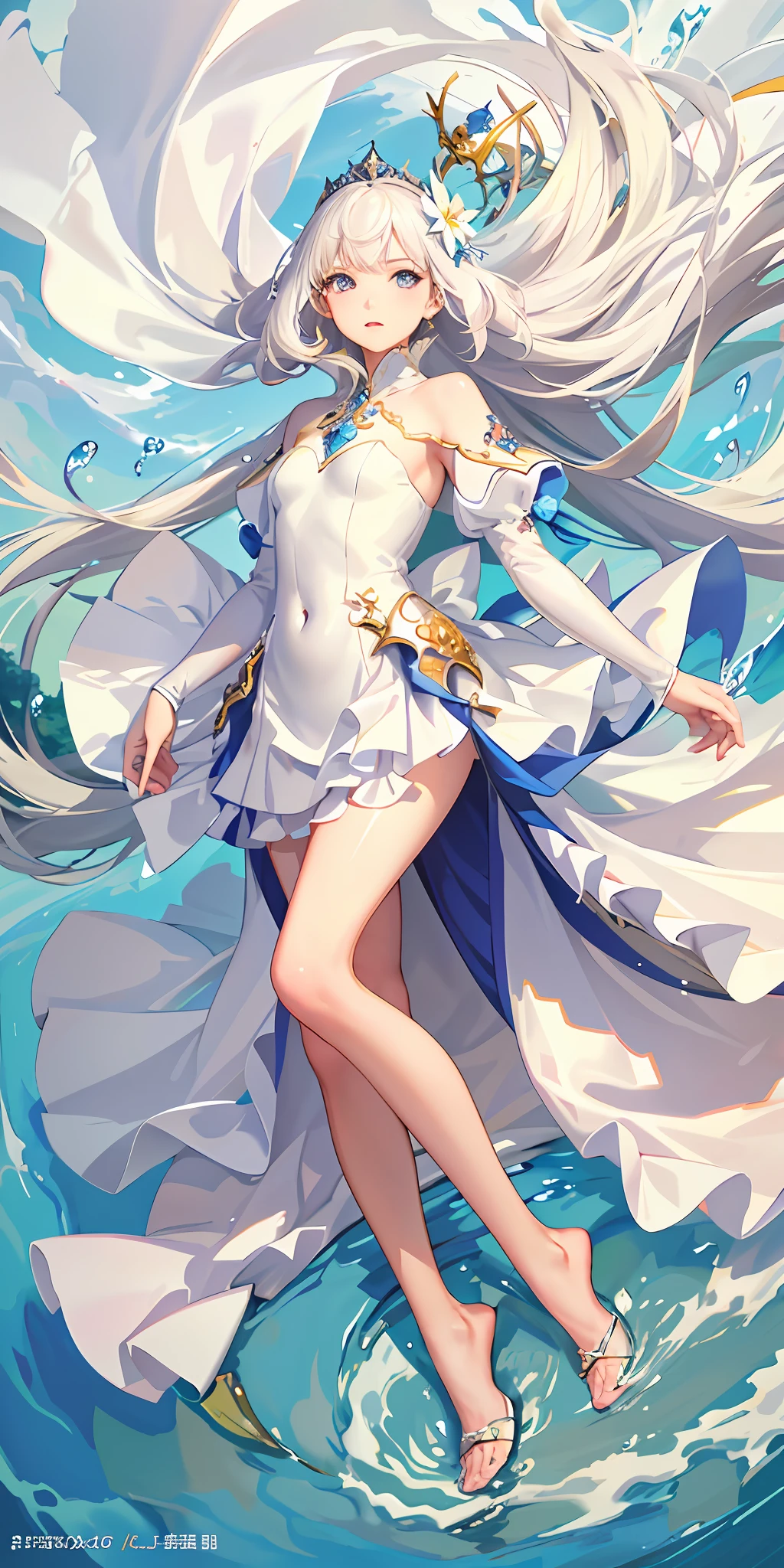 Top Quality, Full Body, High Quality Texture, Fine-grained, Realistic Expression of Face, Detailed Skin, Anime, Girl, Gentle Eyes, Sexy, Mix, Model, Illustration, Portrait, Semireal, Princess, Dress, White Dress, Fair Skin, Wind Flower, Meadow, Water Lake, Sun, Light, (Small), White Hair