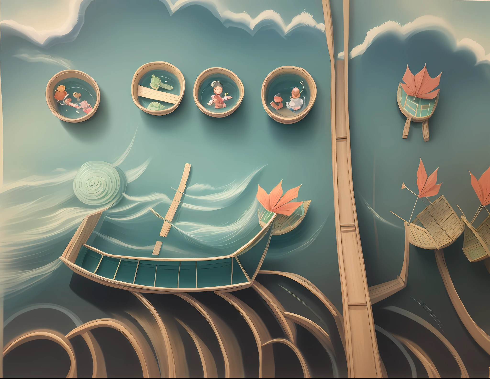 Children's watercolor painting, zongzi, one zongzi doll rowing dragon boat in the river, dragon boat 🛶, three zongzi dolls on the shore to refuel