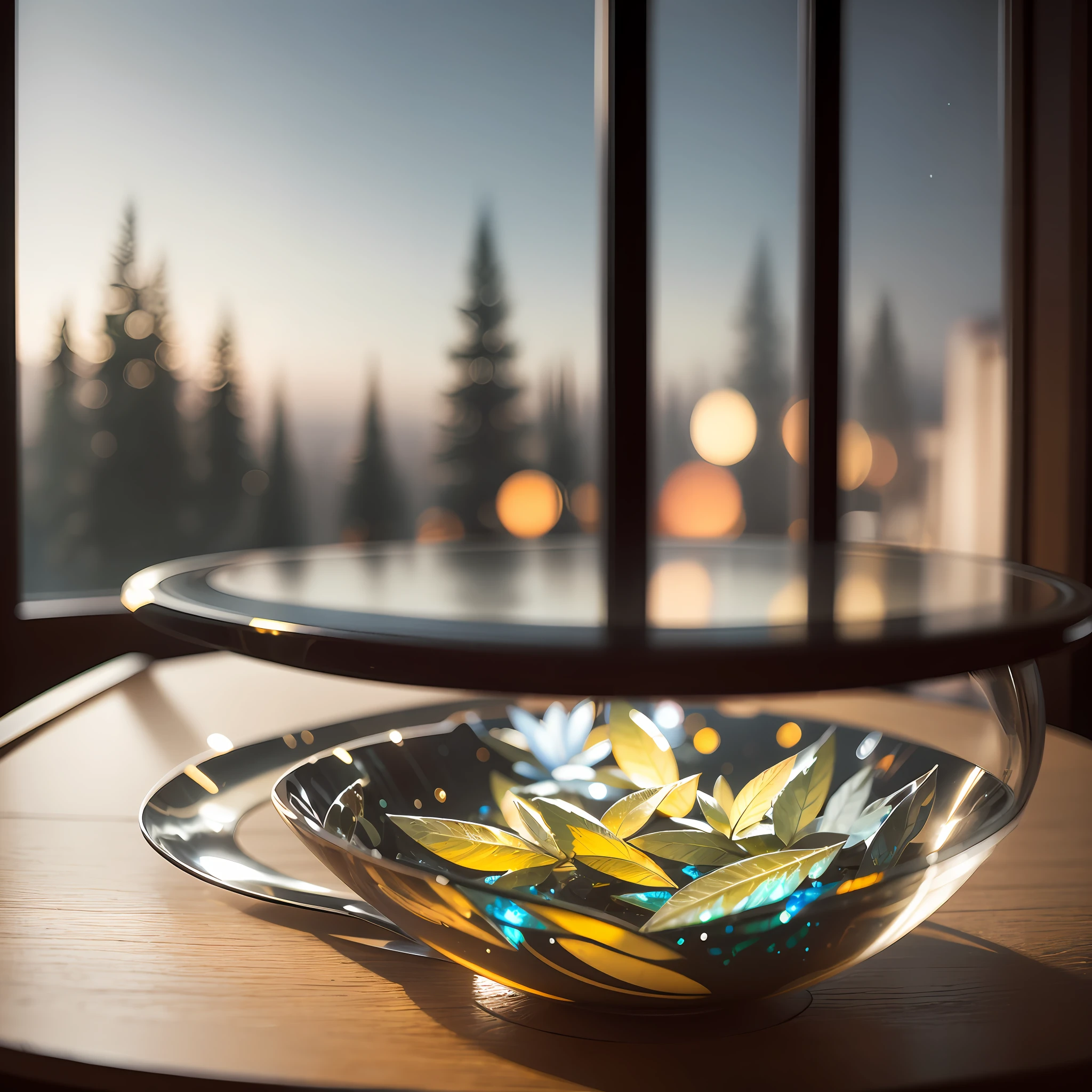 Bowl World, Night, Night Scene, Night Light, Outside the Window, Carved Glass Black Dining Table, Black Dining Table, Depth of Field , ((blurred background)),
Masterpiece, the best quality, super delicate, --auto --s2