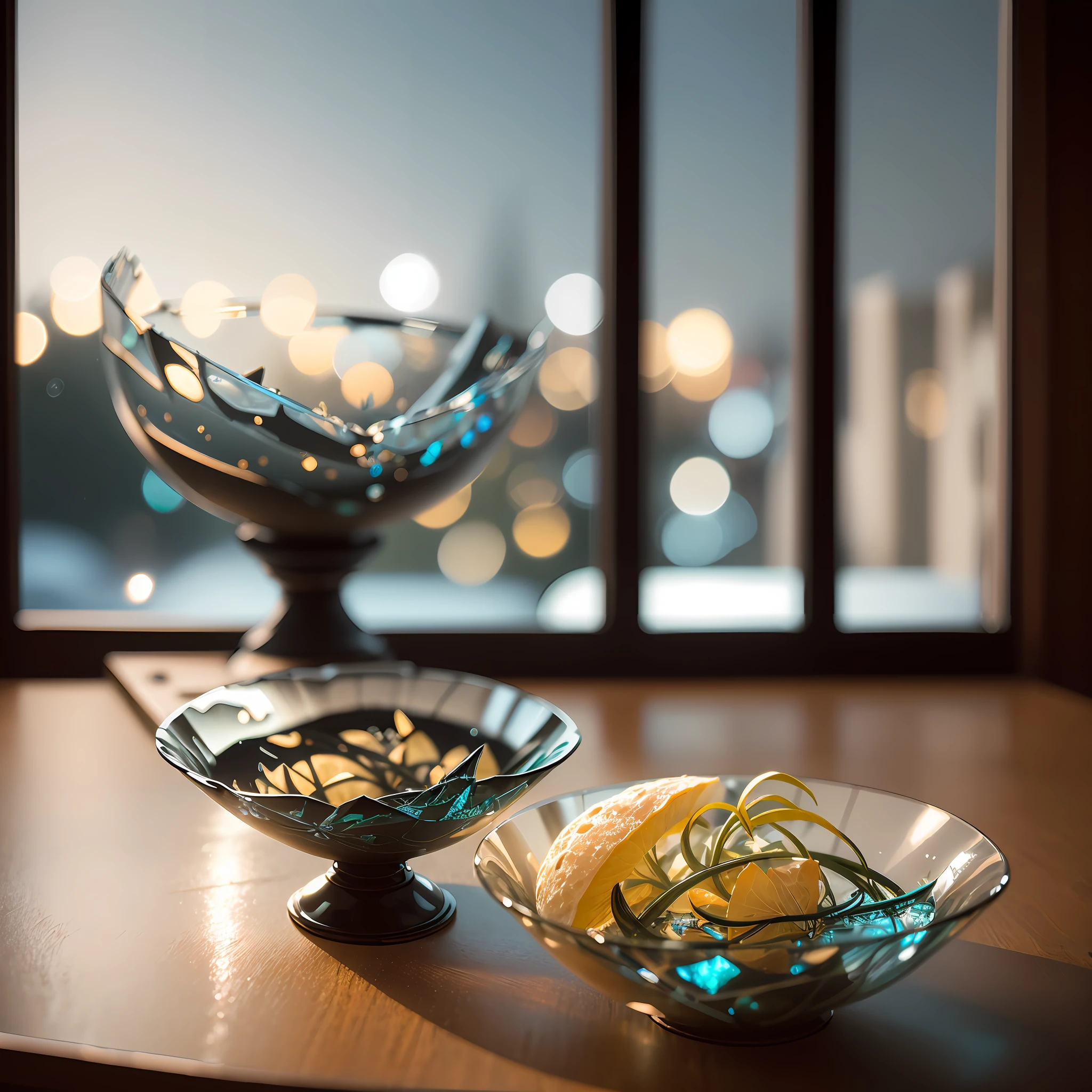 Bowl World, Night, Night Scene, Night Light, Outside the Window, Carved Glass Black Dining Table, Black Dining Table, Depth of Field , ((blurred background)),
Masterpiece, the best quality, super delicate, --auto --s2