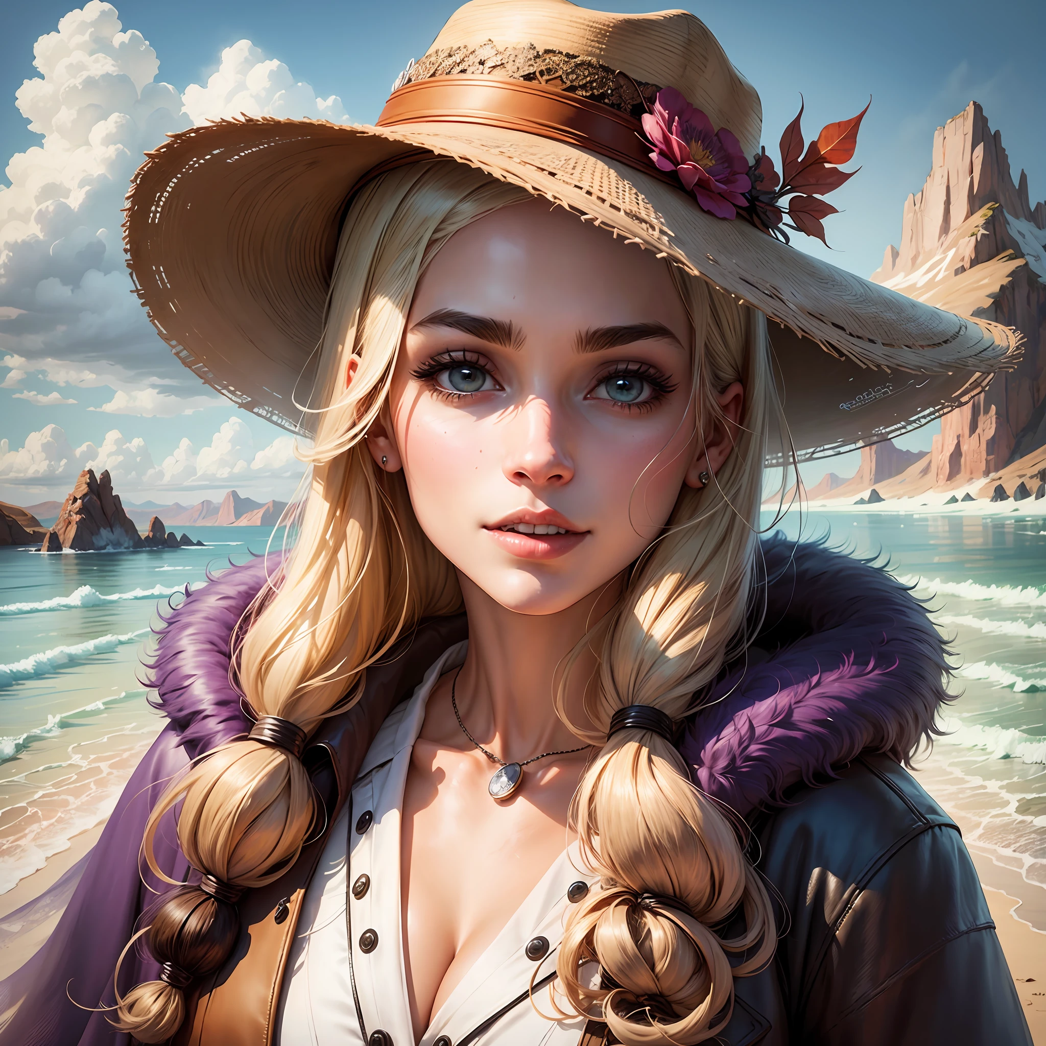 a face of a beautiful woman, with a hat, a coat, beautiful landscape in the background --auto --s2