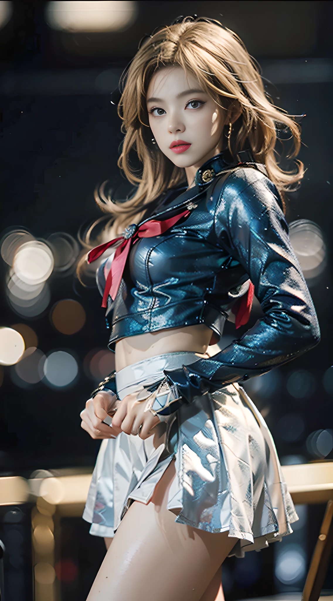 (CG Unity 8K wallpaper with extreme detail, masterpiece, highest quality), (exquisite lighting and shadow, highly dramatic picture, cinematic lens effect), (Sailor Moon: 1.1), double tails, blue eyes, blonde hair, tight top, white gloves, mini skirt, dynamic pose), space station in the background (excellent detail, excellent lighting, wide angle), (excellent rendering, enough to stand out in its class),