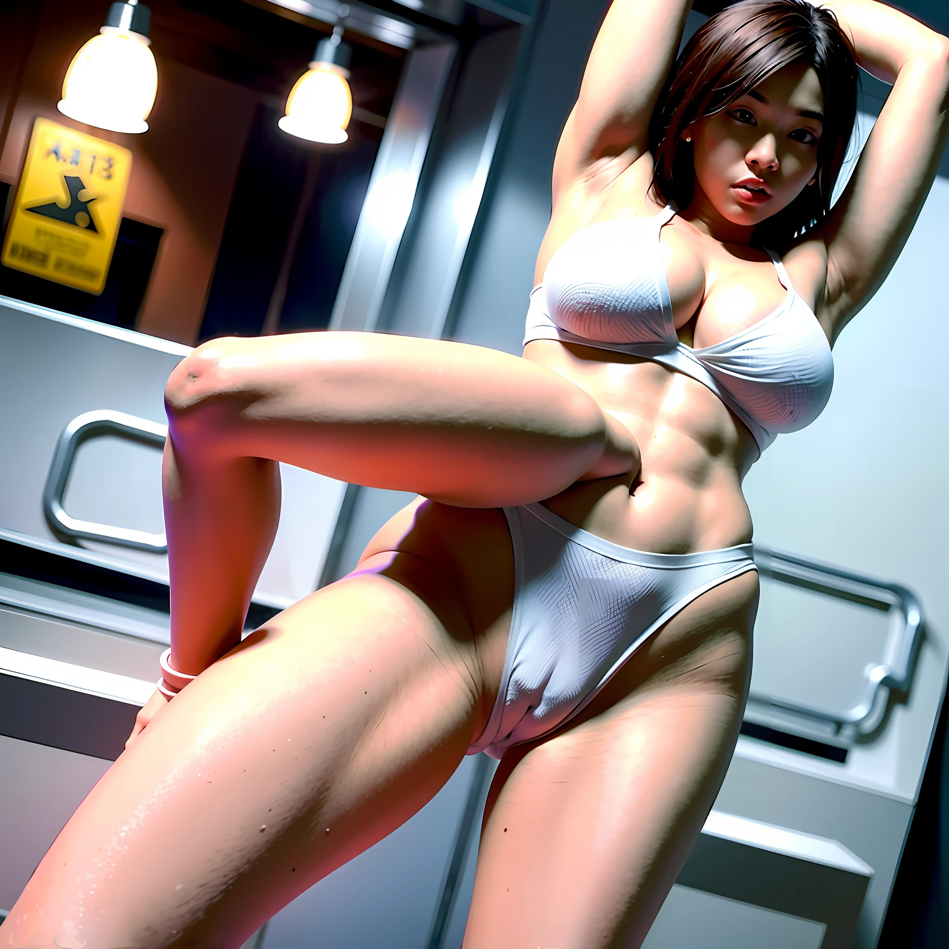 Taiwanese beauty, vicki li, venusbody, ((gigantic breasts: 1.8)), (((white spaghetti straps tank top))), inside train at night, wet body, sexy denim miniskirt, lifted skirt, high heels, huge ass, wet, see thru, nipple puff, 1man force grabbing her, arms tied above head, bondage, bounded wrists, ass (((grab))), ((surrounded by men)), wet skin, brown hair, man grabbing her from behind