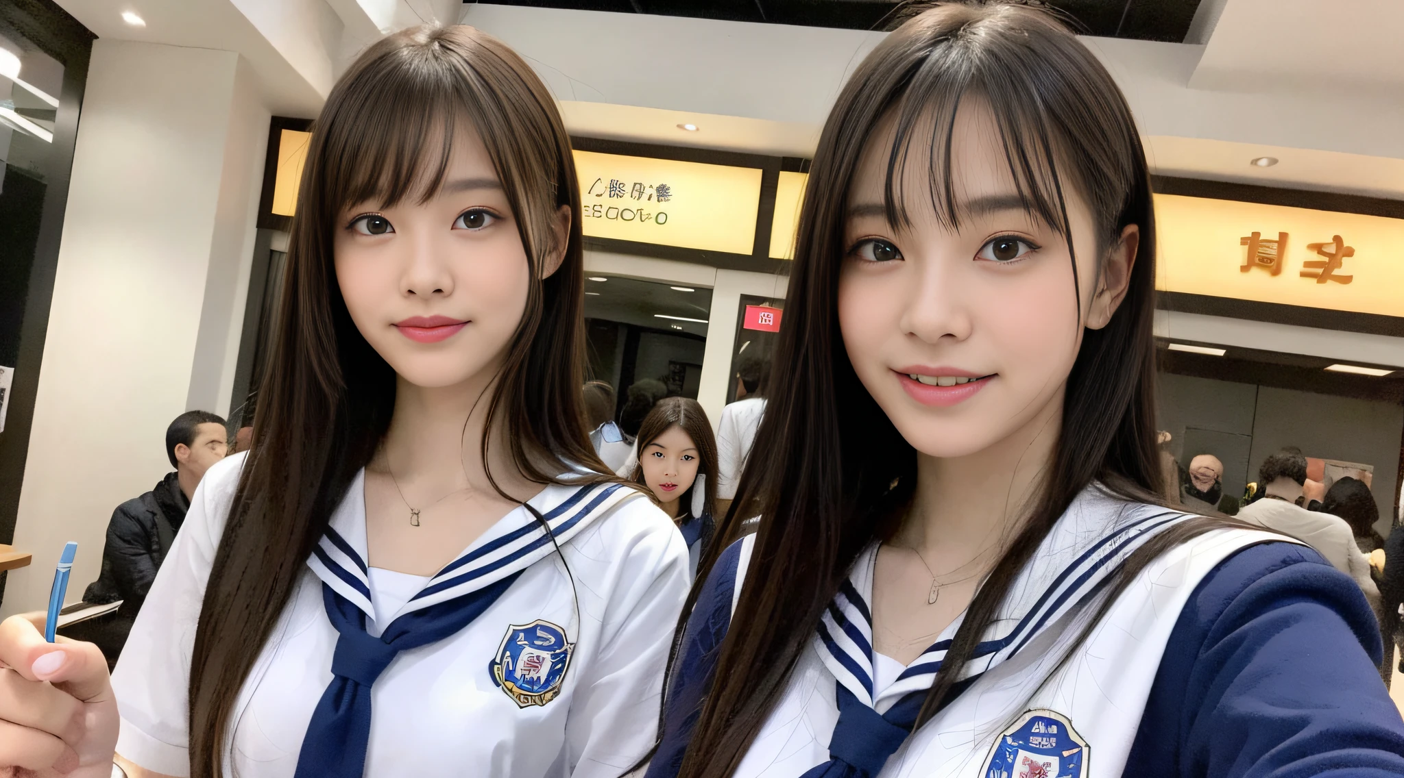 (8k, RAW photos, top quality, masterpieces: 1.2), ultra detailed, super resolution, (realistic, real photos: 1.37), portraits, high resolution RAW color photos, professional photos, very detailed and beautiful, ultra high quality, 8k wallpapers, amazing details, huge file size, very detailed beautiful girls, very detailed faces, very detailed eyes, very realistic skin, very detailed fingers, very detailed nose, Highly Detailed Mouth, Perfect Anatomy, Highly Detailed Background,Net Cafe very detailed clothes, teen, pretty girl, famous Japan idol, cute, realistic body, slender, white skin, glowing skin, slim body, long straight hair, (dull bangs:1.2), realistic face, delicate eyes, double eyelids, sailor suit, red ribbon schoolgirl friend smile fashionable uniform good friend　Hair fluttering in the wind After school Brown hair Energetic belly button out High school girl youth Celebrity level cuteness Multiple high school girls , camera gaze, boyfriend perspective, ultra high definition, fashionable café, internet café, super high definition realistic face, dimly lit store interior, drinking cup juice, free drink, human hands, perfect anatomy