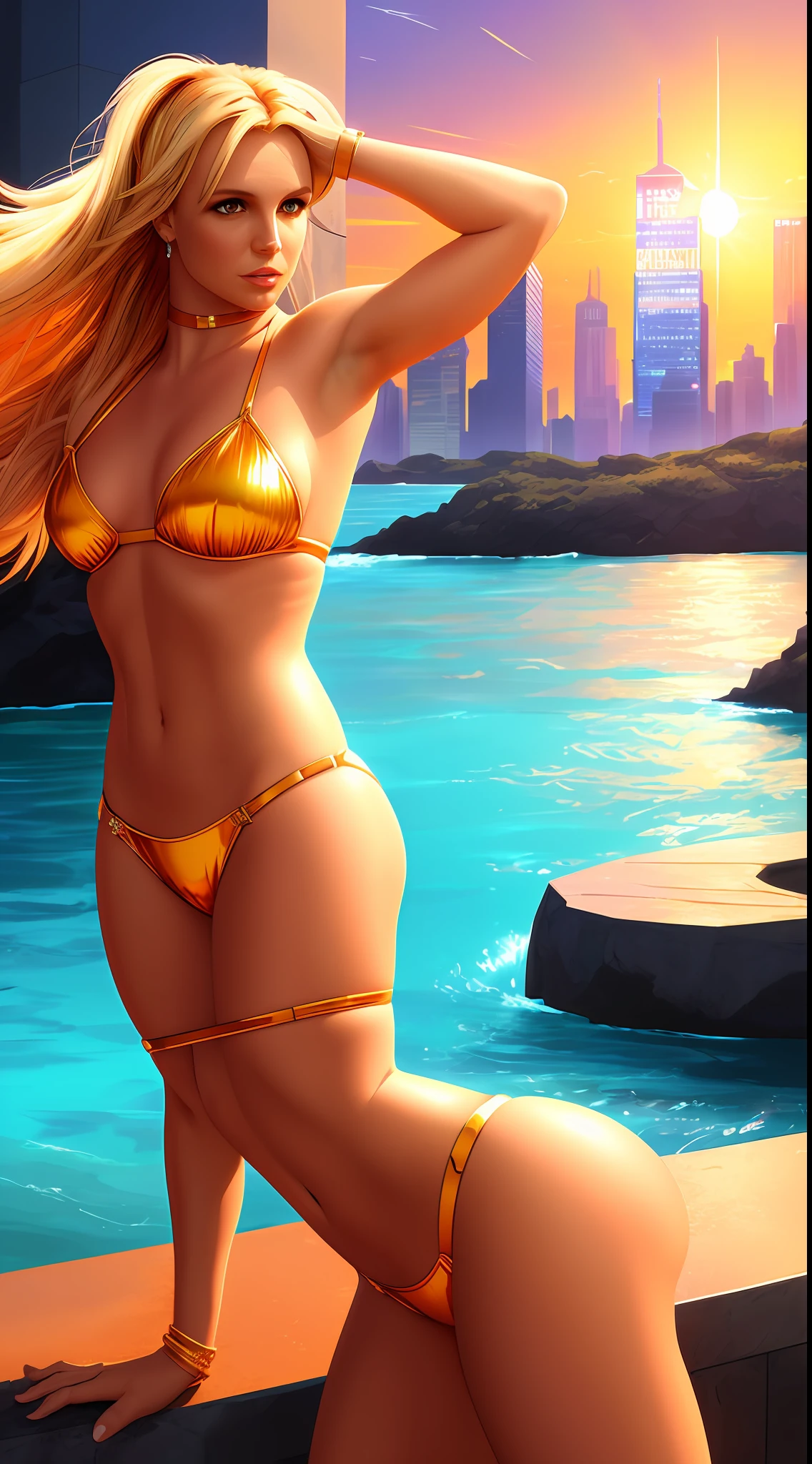 (Britney Spears of Eve in Paradise, 1.8) (Eve) Eve in Paradise 1.8, Masterpiece, best quality, (8k very detailed CG unit wallpaper) (best quality), (best illustration), (best shading) golden, bright orange aol sunset, (:1.6), sea and sky background, only characters, correct female anatomy, art by Greg Rutkowski, digital art by artgerm, detailed art, masterpiece, digital painting, Times Square 4k background