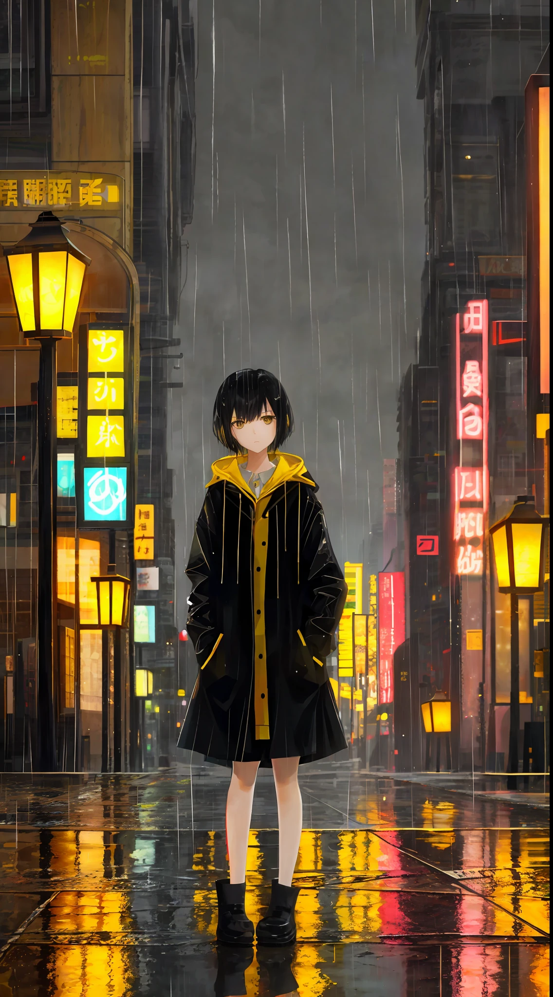 Girl, short black hair, raincoat, standing at a bus stop, rain, puddles, reflections of buildings in puddles, lone lantern, dramatic lighting, dark sky, yellow pleasant lantern light, high detail,