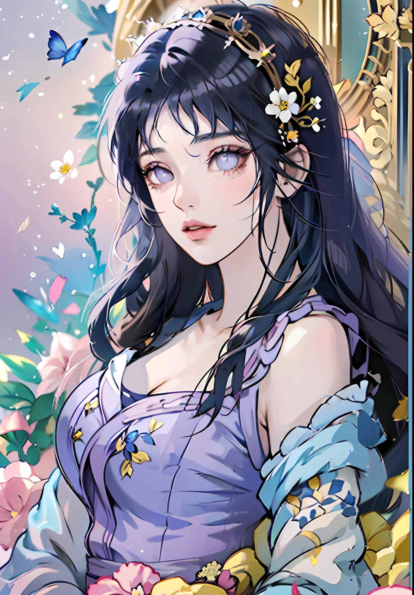 anime girl with dark blue hair wearing a blue dress, artwork in the style of guweiz, beautiful anime portrait, guweiz, beautiful anime girl, beautiful anime style, anime girl with dark blue hair, anime style. 8k, in the art style of bowater, beautiful digital illustration, beautiful character painting, stunning anime face portrait, ((blunt bangs)), purple eyes, (((flowers crown))),  surrounded by blue butterflies,  (((dynamic angle)))