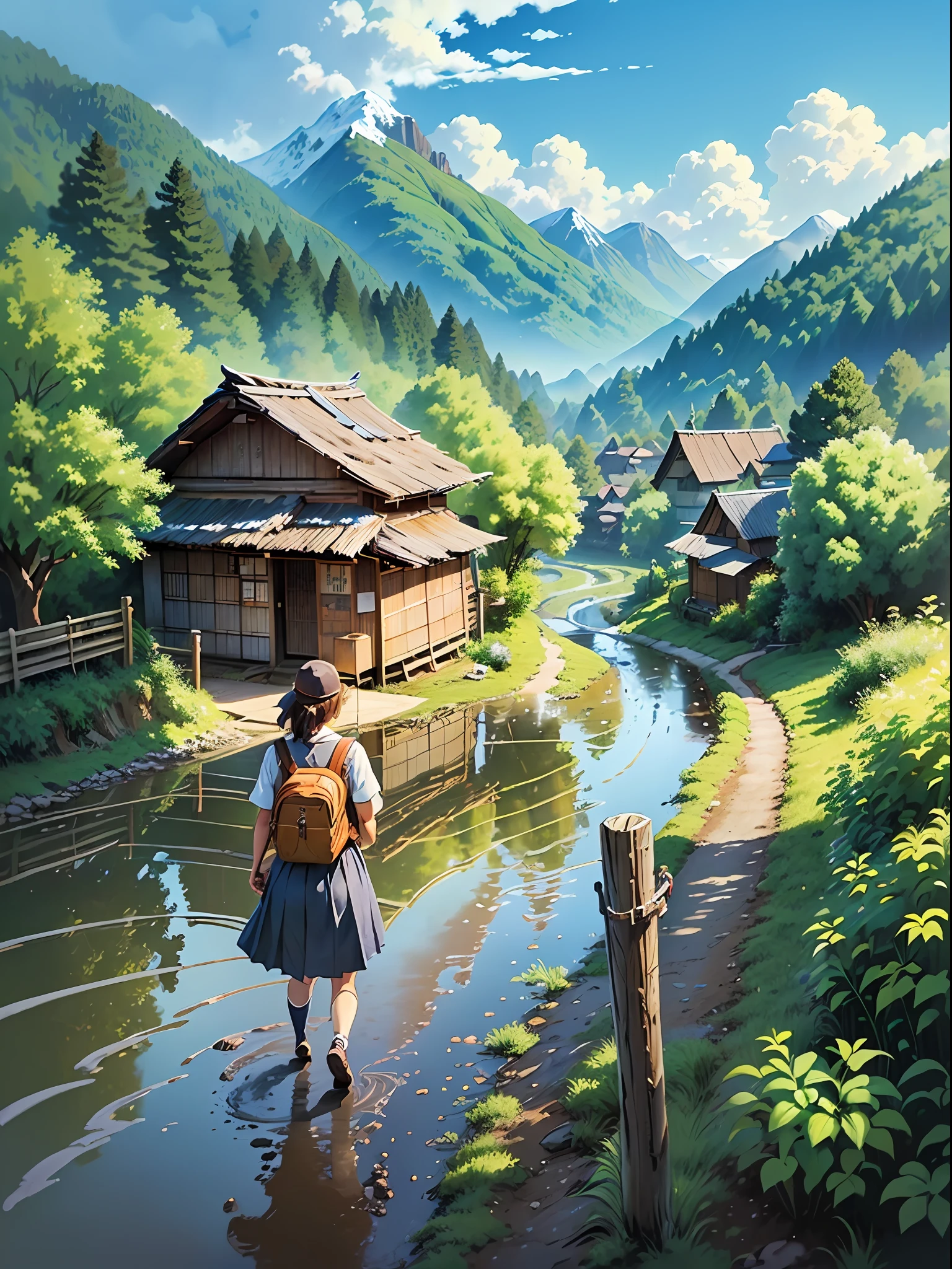 ((Top Quality, 8k, Masterpiece: 1.3)), dirt road, japanese, rice fields, bus stop, ghibli, (snowy mountains: 1.2), sunny, (trees:1.4), waterfall, clouds, fantastic, cute, 1 girl and 1 boy walking, wearing school uniform, character far from the camera