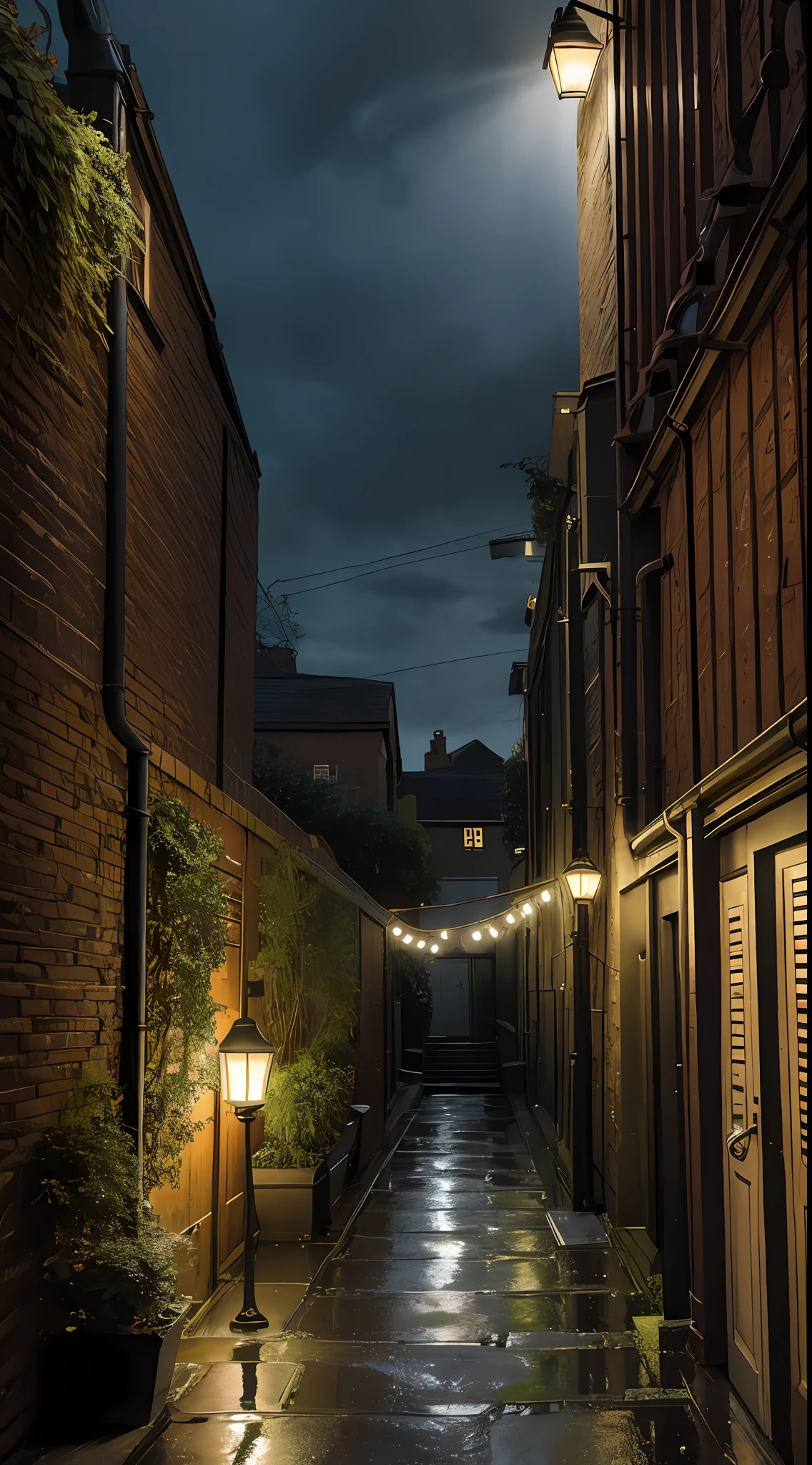 A backyard alley the rain, London style, are tangled, cinematic lighting soft lighting