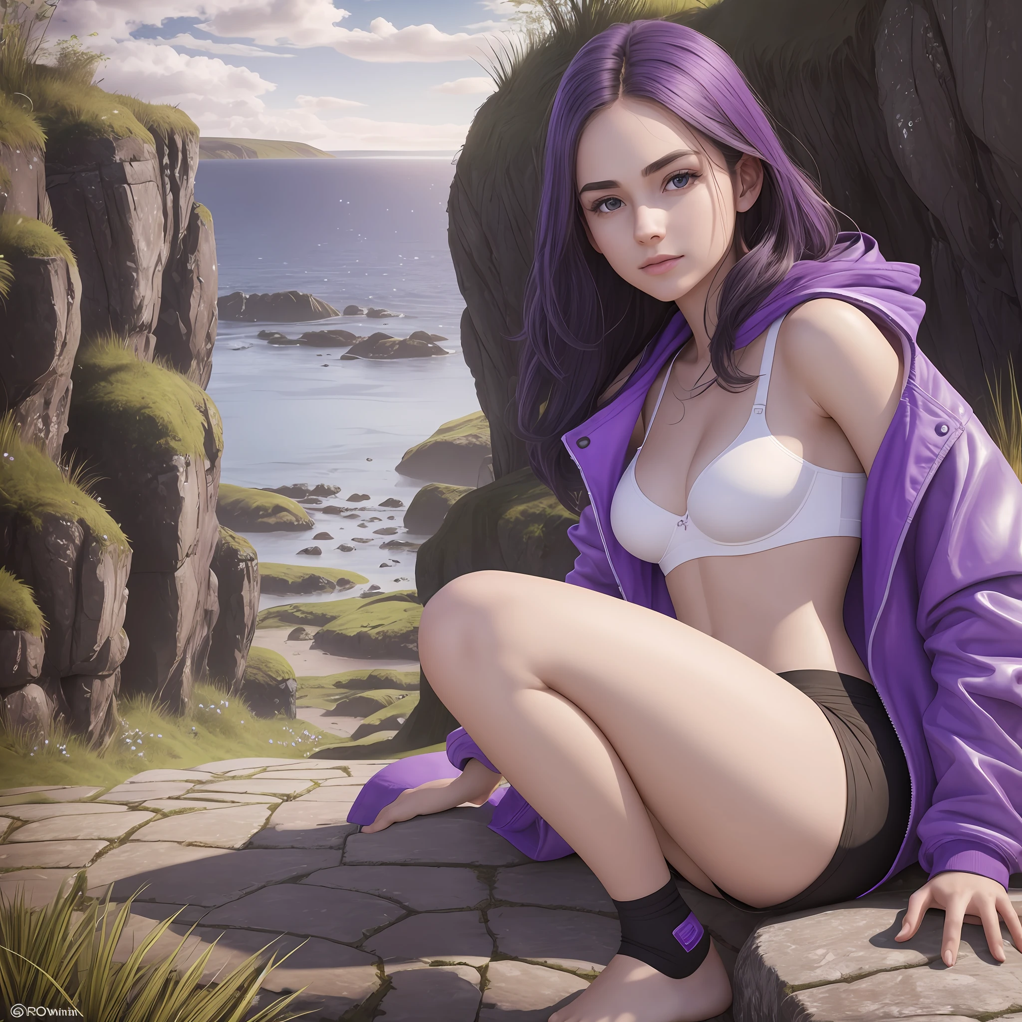 photorealistic, real human skin, 24 year old girl, lonely, thin white skin, soft lips, bright eyebrows, (small breasts), head, eyes and toes directed anteriorly (forward). Upper limbs at the side of the body with the palms facing forward, wearing black sports shorts with purple, purple bra with white accents and a purple overcoat, floating in a landscape of Northern Ireland. --auto --s2