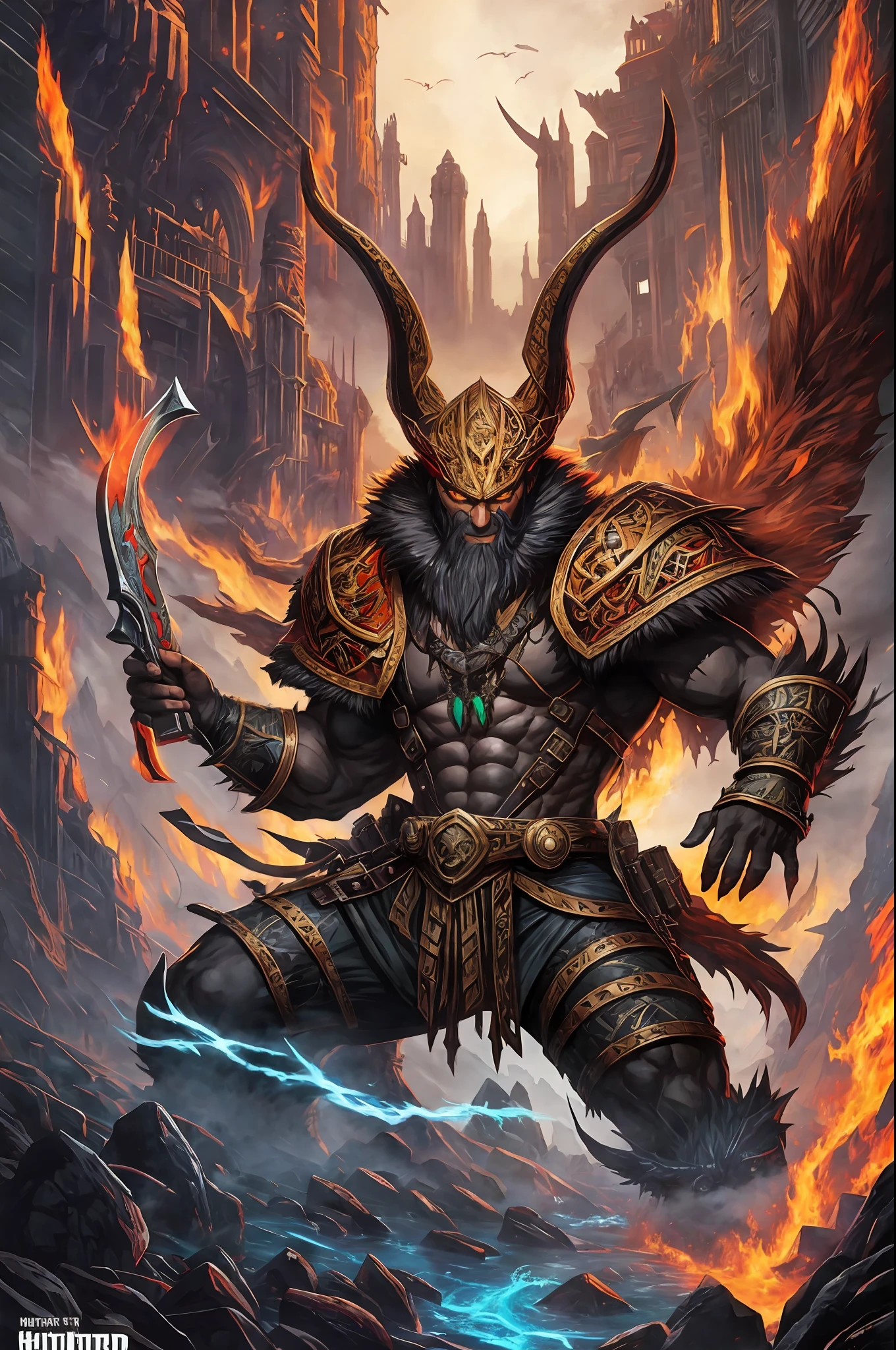 Fantasy hunter of evil spirits, destroyer of wickedness, brutal, all hung with weapons, hunting monsters, in the style of Dan Mumford Artwork, Computer Game Art, Psytrance, Hydro74 Style