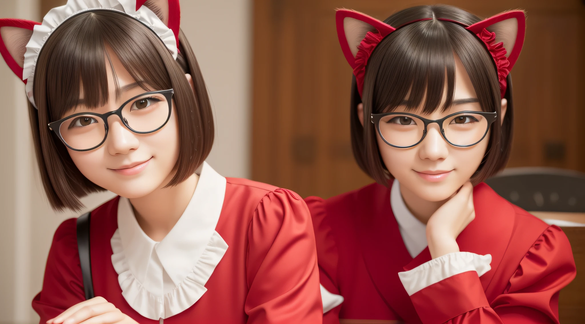 Top Quality, Masterpiece, High Detail, Most Realistic, High Definition, 16 Years Old Japan Beautiful Girl, Cat Ears, Maid Outfit, Red Glasses, Looking Here, Smile, Bob Cut, Healing, Ruffles