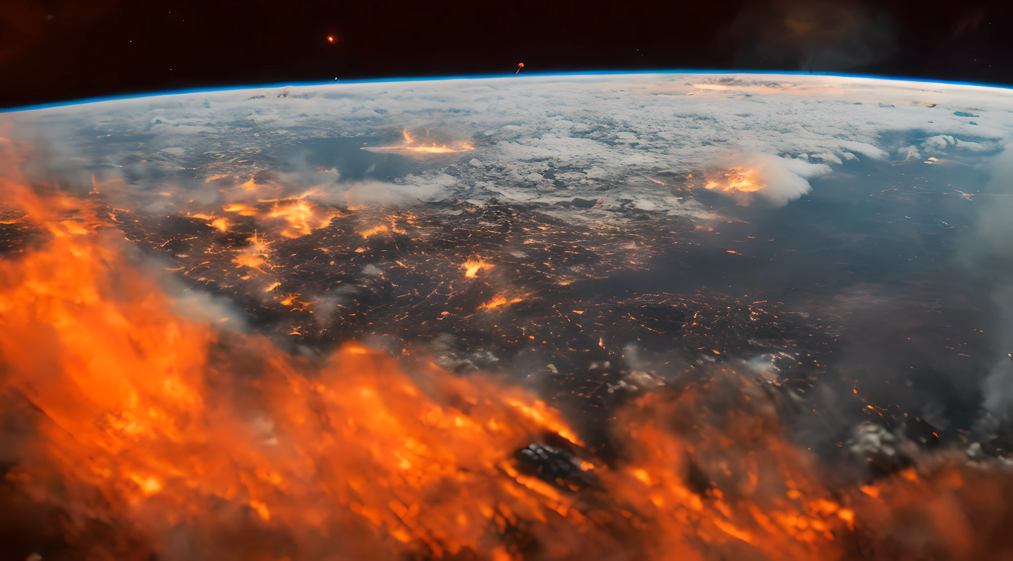 masterpiece, classicnegative photo, (view from space:1.3) Image of a planet with a lot of fire around it, a world on fire, planet Earth from space on fire, (meteorites attack the earth:1.3), (burning cities:1.5), apocalyptic spherical explosion, heartbreaking apocalyptic atmosphere, cinematic lightingb 1970s dark fantasy movie, haze, halation, bloom, dramatic atmosphere