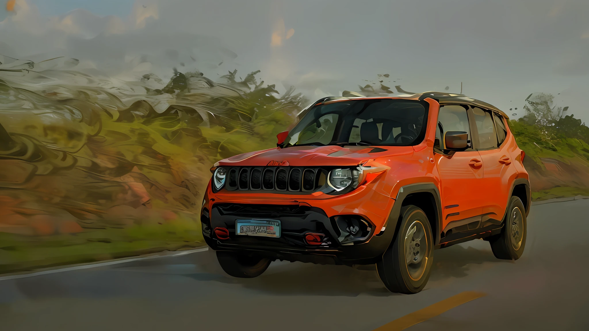jeep renegade driving down a road with an overcast sky in the background, jeep renegade, , , vibrant and powerful, jeep renegade in the background, trailer, YouTube thumbnail, jeep renegade, ƒ/5.0, 8k 4k, 8k 4k, 🦩🪐🐞👩🏻🦳 🤮 💕 🤬 🎀 1 2k