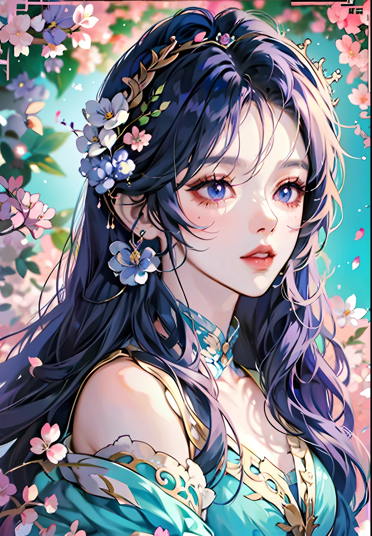 anime girl with dark blue hair wearing a blue dress, artwork in the style of guweiz, beautiful anime portrait, guweiz, beautiful anime girl, beautiful anime style, anime girl with dark blue hair, anime style. 8k, in the art style of bowater, beautiful digital illustration, beautiful character painting, stunning anime face portrait, ((blunt bangs)), purple eyes, (((flowers crown))), surrounded by blue butterflies, (((dynamic angle)))