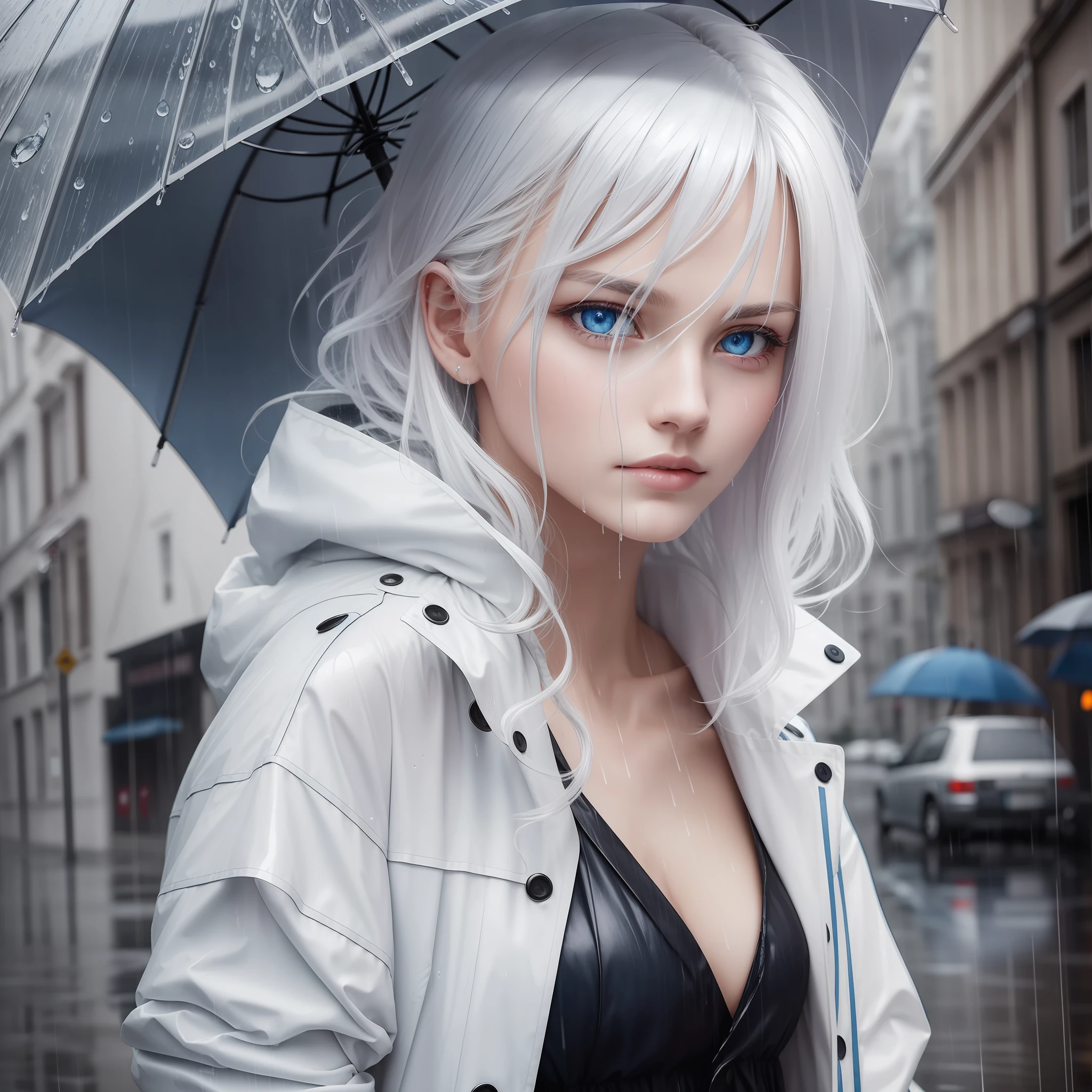 Best Quality, Masterpiece, One Shot, White Hair, Blue Eyes, Rainy Street, Raindrops, Portrait, Hair Fluttering, Wet Face, Wet Hair, White Shirt, Oversized, Jacket, Medium Shot, Picture Kill --auto --s2