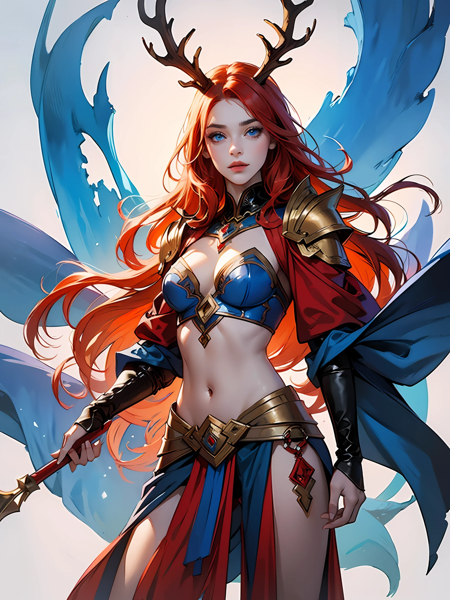 hand drawn sketch illustration of a beautiful dnd ifreet djinn girl with flaming red hair, blue eyes, symmetrical antlers, blue skin, leather armor, illustration, watercolor ink sketch, (best quality)), intricate detailed,