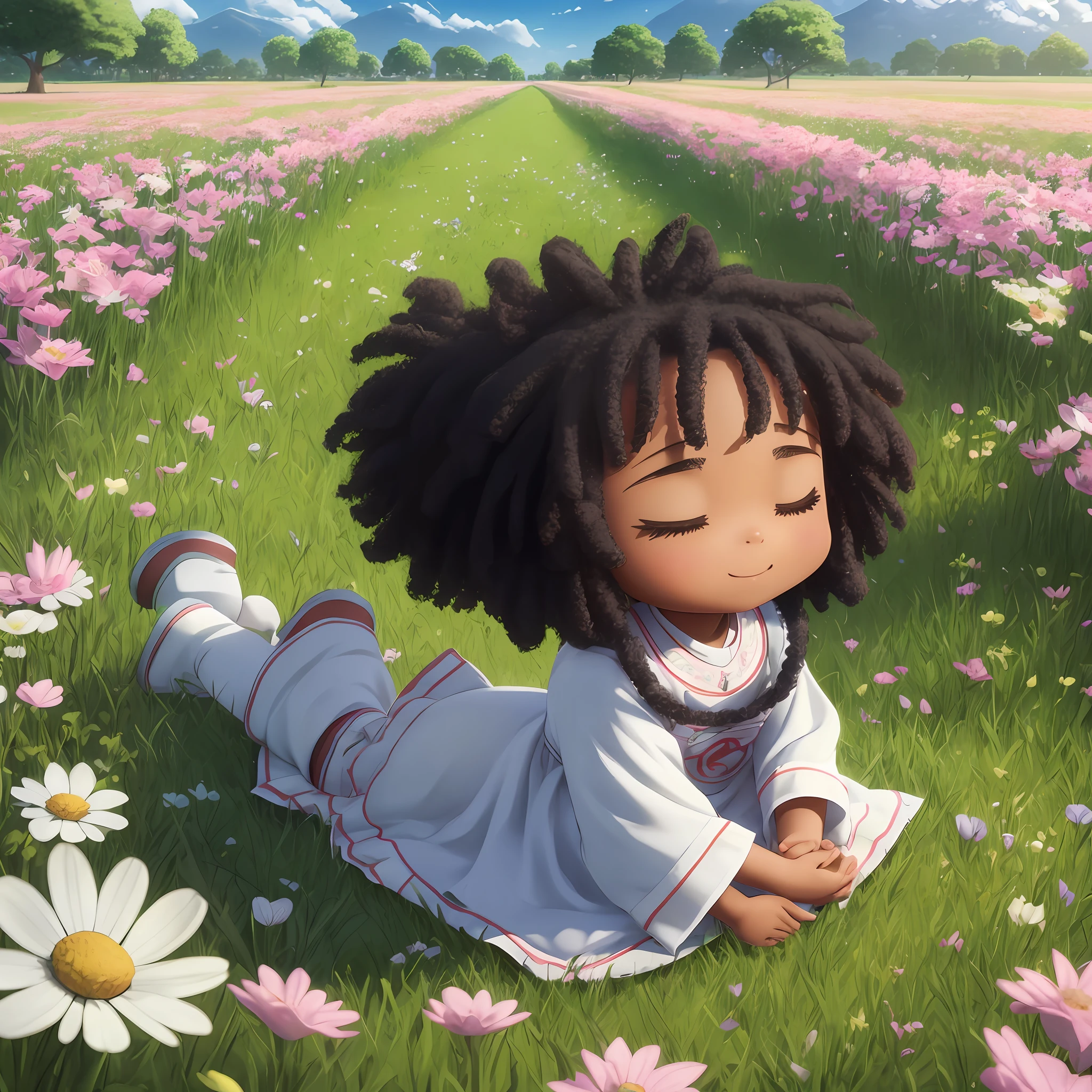 3D chibi a happy cartoon character praying on his knees in a field, black girl, ((eyes half-closed)), eyes closed, movie art, clean shot, ghailan!, like a pixar character, pretty , afro hair long, (((full length))), grace and blessing, rendered unreal, movie promo image, rendered upscale image - --ar 2:3 --auto --s2