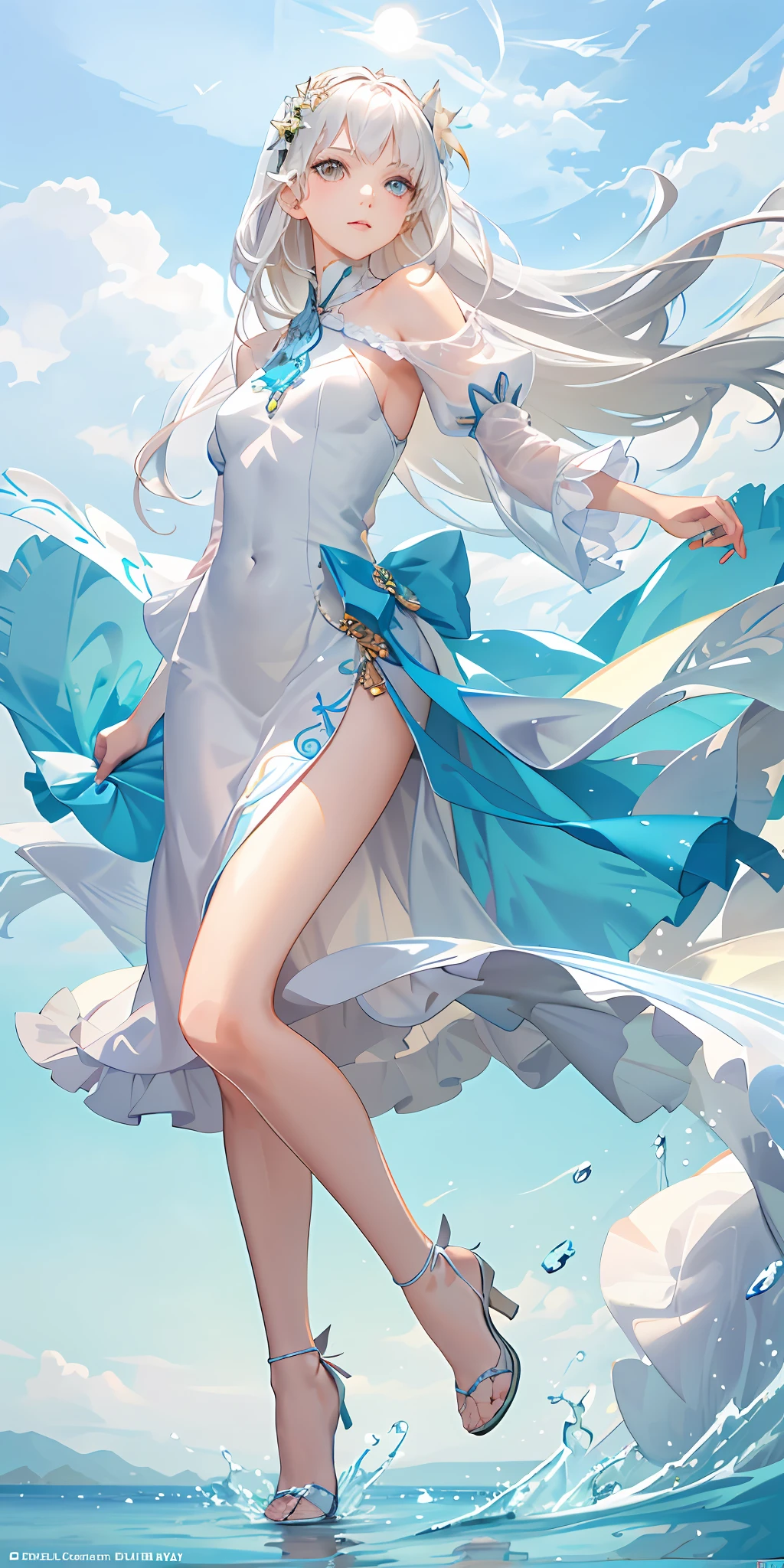 Top Quality, Full Body, High Quality Texture, Fine-grained, Realistic Expression of Face, Detailed Skin, Anime, Girl, Gentle Eyes, Sexy, Mix, Model, Illustration, Portrait, Semireal, Princess, Dress, White Dress, Fair Skin, Wind Flower, Meadow, Water Lake, Sun, Light, (Small), White Hair