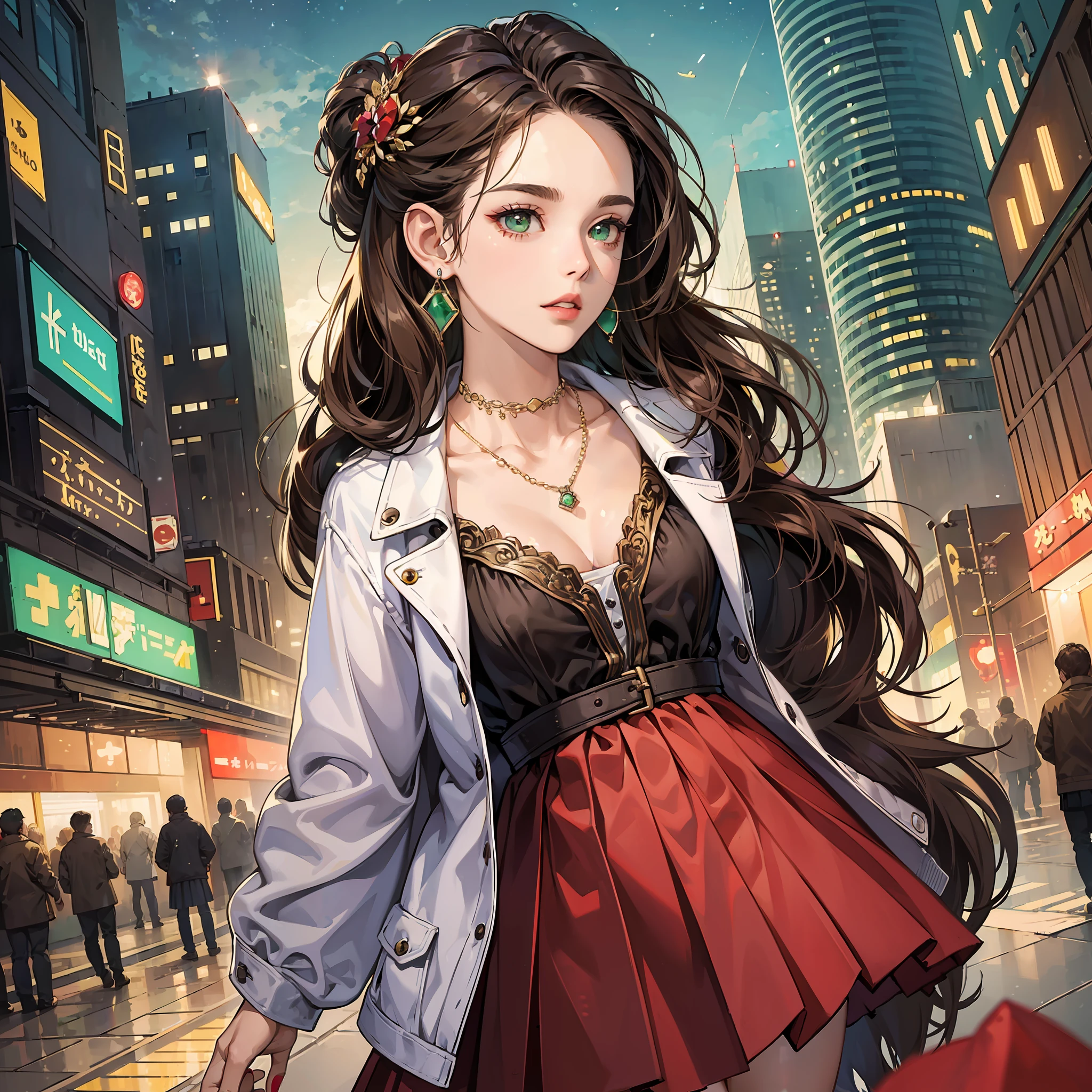 (masterpiece:1.4), (best quality:1.4), realistic, 1gril, solo, ((dark brown hair)), hair ornament, very long hair, bright green eyes, collarbone, upper body, slim body, shiny dark skin, detailed face, natural make up, red lips, parted lips, upper teeth, cleavage, small breasts, (cute jacket, pleated skirt), red nails, necklace, earrings, looking at viewer, professional light, night, science fiction city, spacecraft --auto --s2