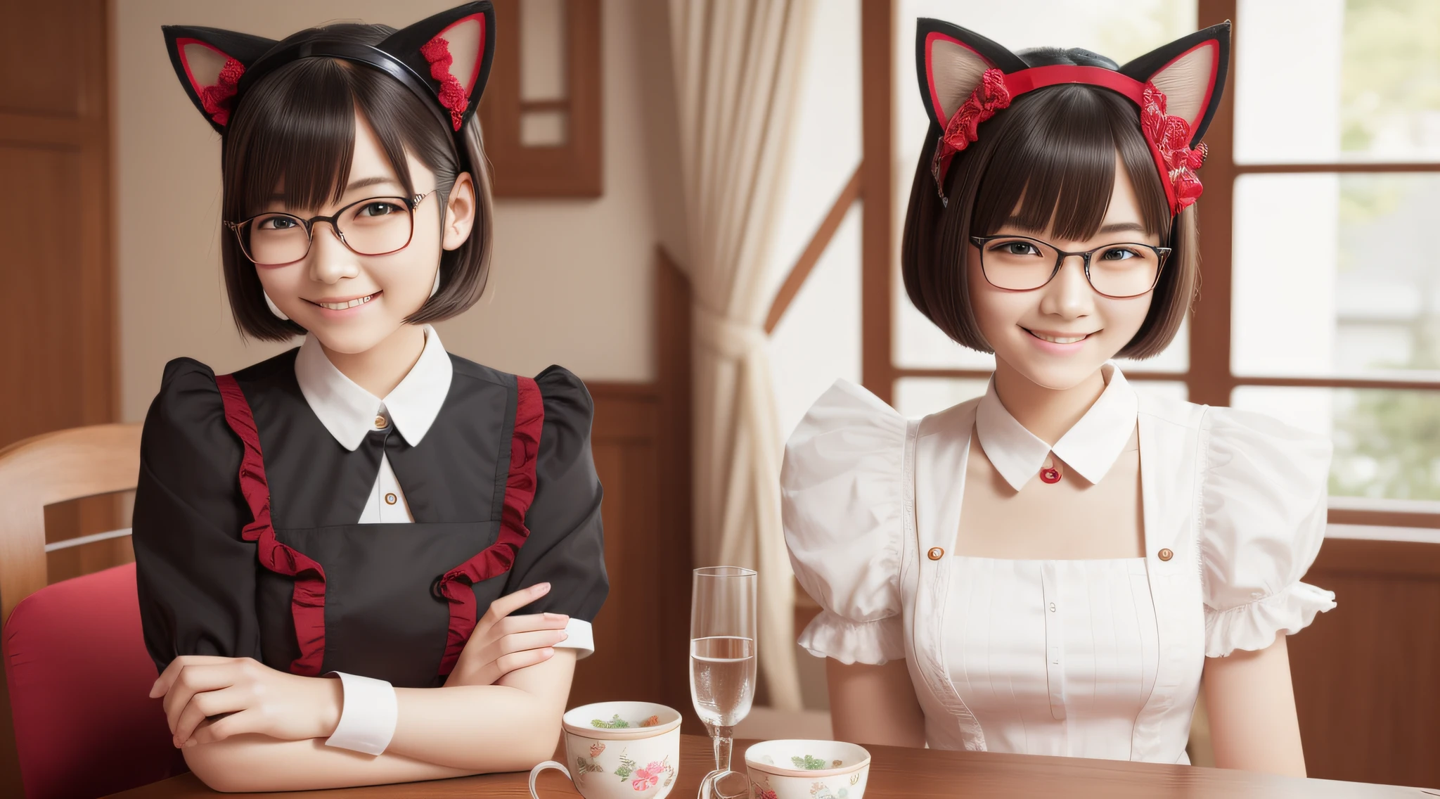 Top Quality, Masterpiece, High Detail, Most Realistic, High Definition, Japan Beautiful Girl, Cat Ears, Maid Outfit, Red Glasses, Looking Here, Smile, Bob Cut, Healing, Ruffles