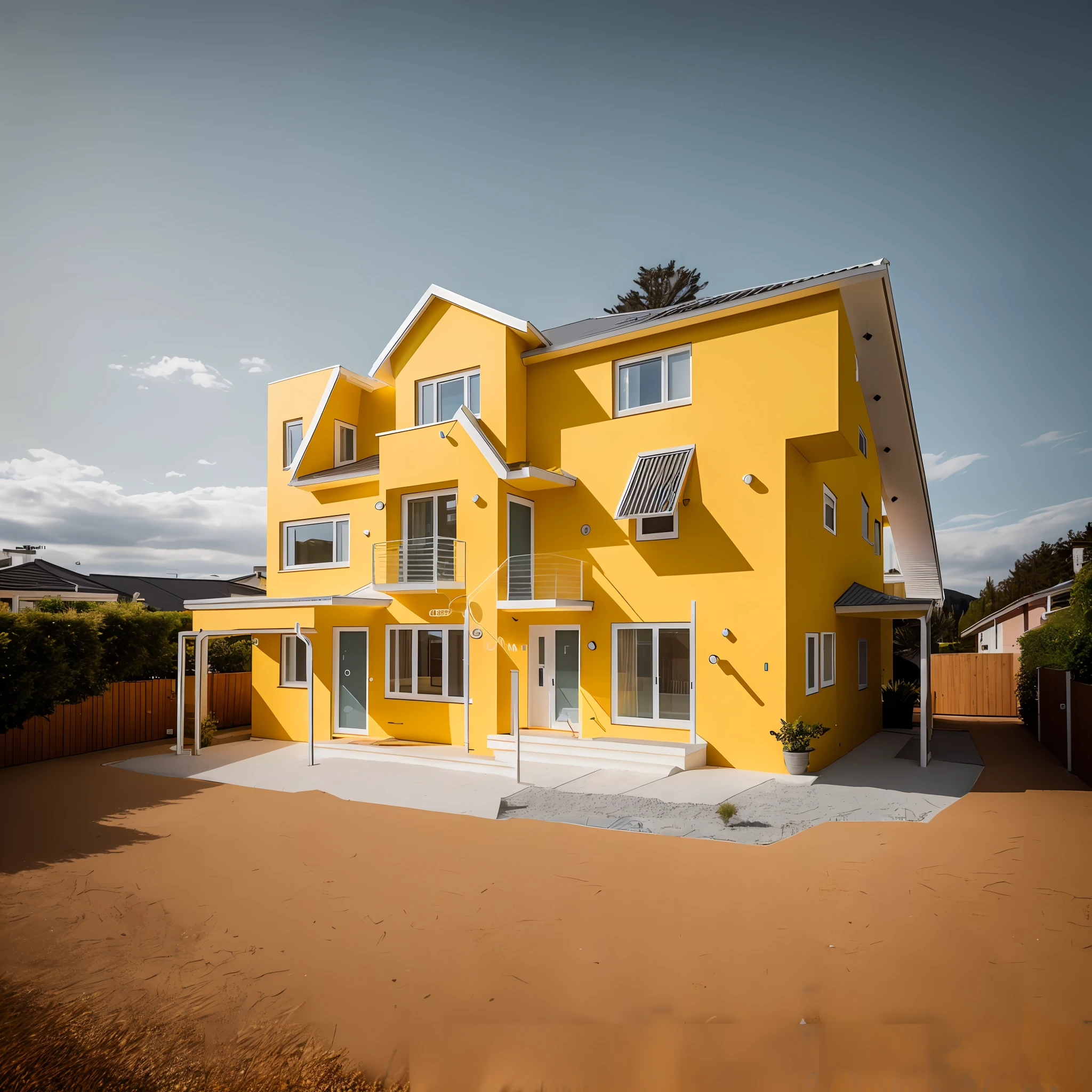 High quality photograph of a 2-storey modern yellow house with soft lighting, captured using a DSLR camera and Fujifilm XT3, featuring a film grain effect. The ultra-high definition 8K resolution adds to the crispness of the image.
