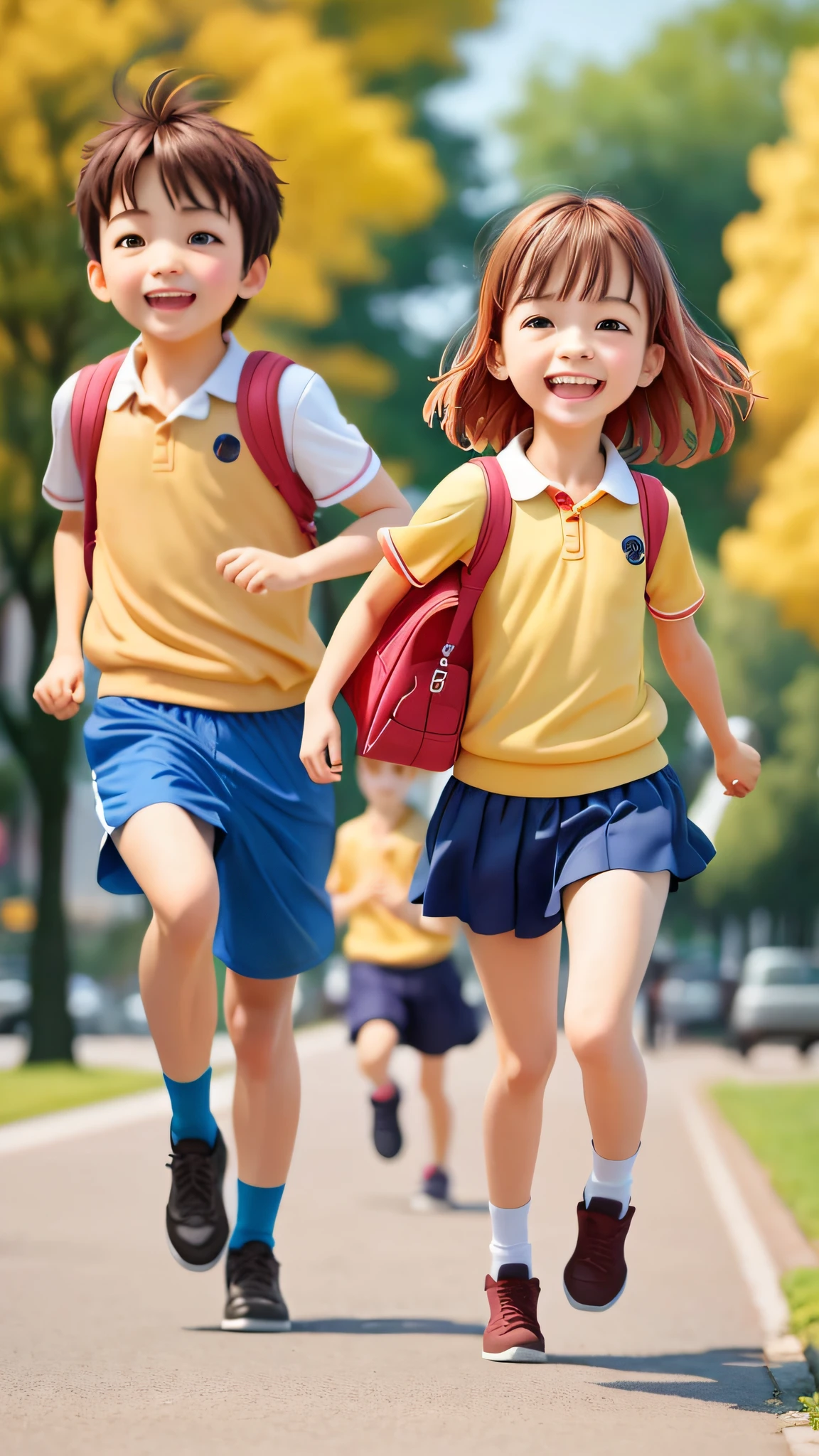 Two running children, a boy and a girl, on the school campus, behind the school building, carrying school bags, happy, happy, perfect quality, clear focus (clutter - home: 0.8), (masterpiece: 1.2) (Realistic: 1.2) (Bokeh) (Best quality) (Detailed skin: 1.3) (Intricate details) (8K) (Detail Eyes) (Sharp Focus), (Happy)