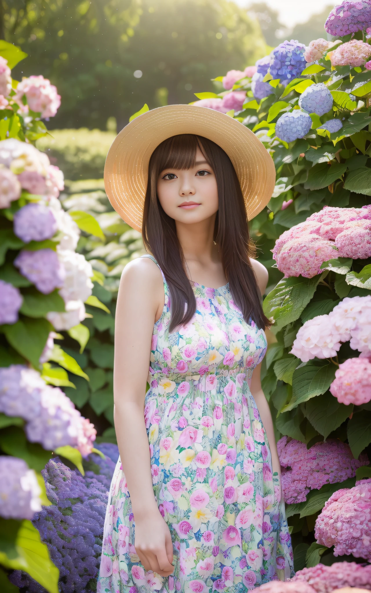 20 years old, twilight rays, colorful underwear, corolla, ((Tokugawa Garden)), hydrangea foreground bokeh, bokeh, photorealistic, surrounded by hydrangeas, background dark, smiling, (one girl), (sunset: 1.3), (8k, raw photography, best quality, masterpiece: 1.2), (realistic, photorealistic: 1.37), best quality, ultra high resolution, (focus plane: 1.8), ( Portrait: 1.7), (Intense:1.1), (Details:1.1), (Highest Quality), (Analog:1.2), (High Sharp), Canon EOS R Photography, (Summer Dress:1.4), (Standing in a Flower Garden:1.3), (Vivid and Colorful:1.3)