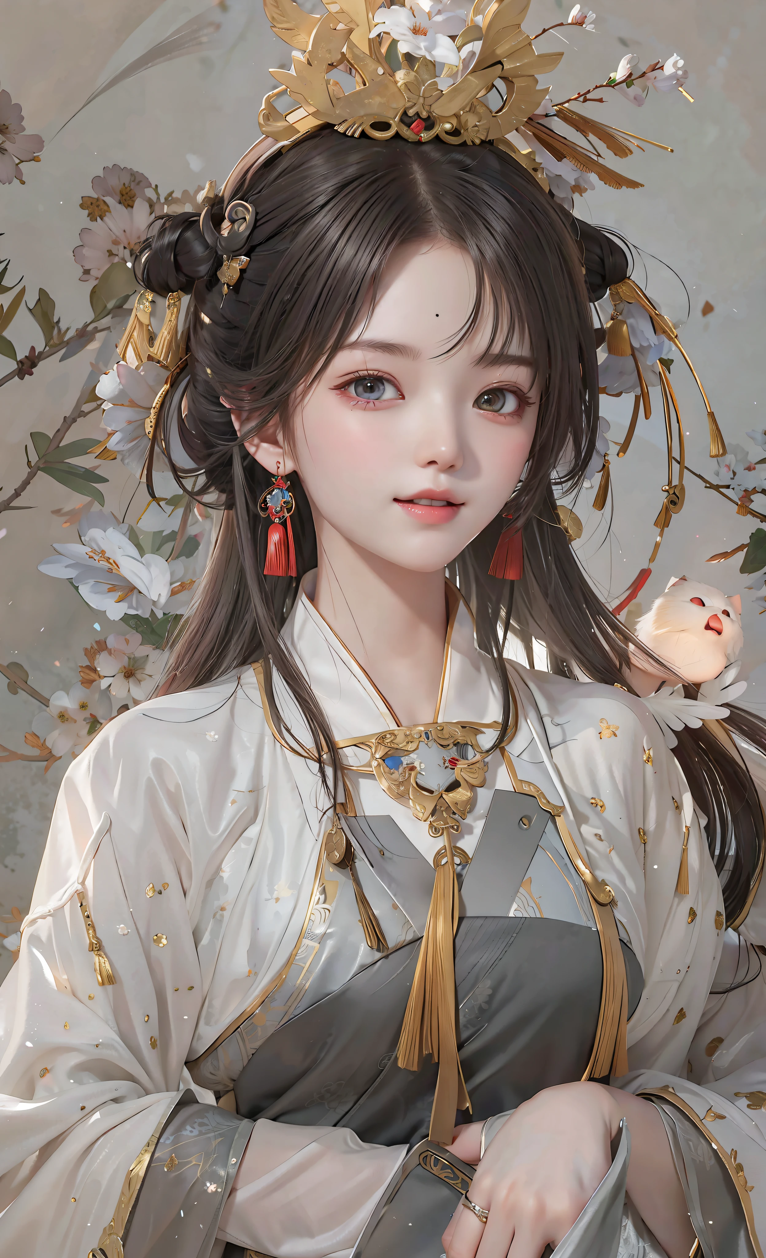 A Girl, Ancient Chinese Costume, White Dress, Suspender, Smile, Red Belly Pocket Underwear (Medium Tits, Non-Sagging Tits, Round Tits: 1.8), Masterpiece, Super Detail, Full Body, Sunlight, Clear Face, Clean White Background, Masterpiece, Super Detail, Epic Composition, Ultra HD, High Quality, Extremely Detailed, Official Art, Uniform 8k Wallpaper, Super Detail, 32k