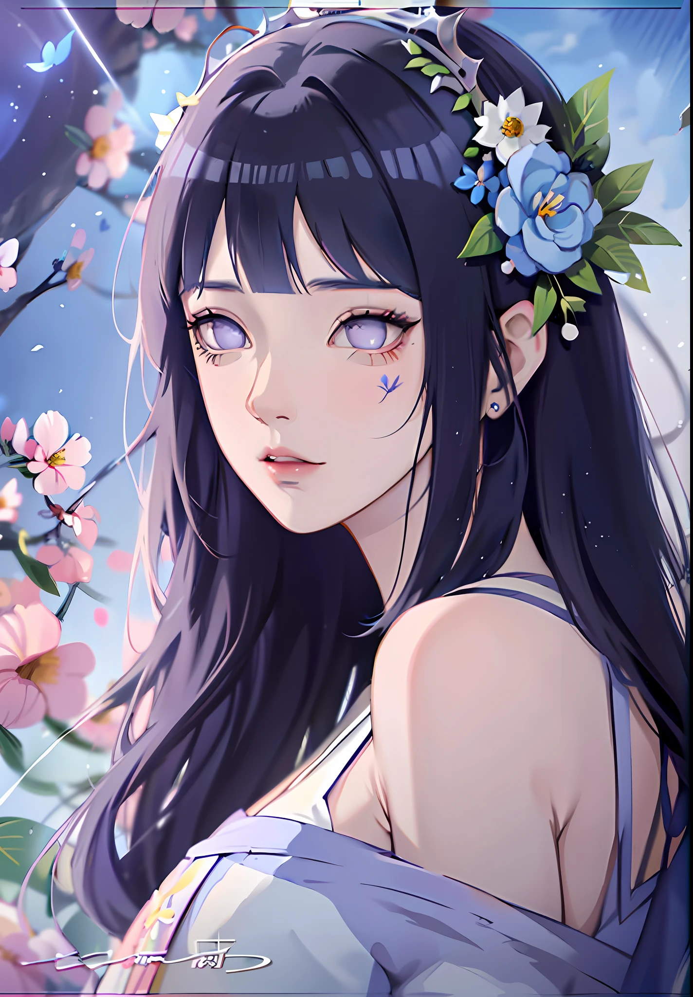 anime girl with dark blue hair wearing a blue dress, artwork in the style of guweiz, beautiful anime portrait, guweiz, beautiful anime girl, beautiful anime style, anime girl with dark blue hair, anime style. 8k, in the art style of bowater, beautiful digital illustration, beautiful character painting, stunning anime face portrait, ((blunt bangs)), purple eyes, (((flowers crown))), surrounded by blue butterflies, (((dynamic angle)))