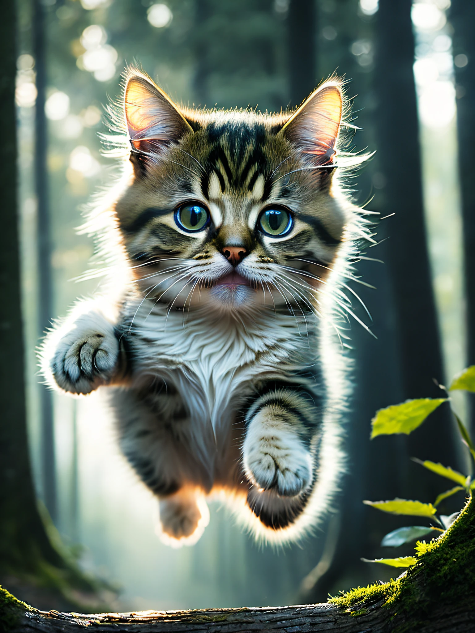 Close-up photo of a very cute jumping kitten in the forest, soft volume lights, (backlit: 1.3), (cinematic: 1.2), intricate detail, (art station: 1.3), Rutkowski