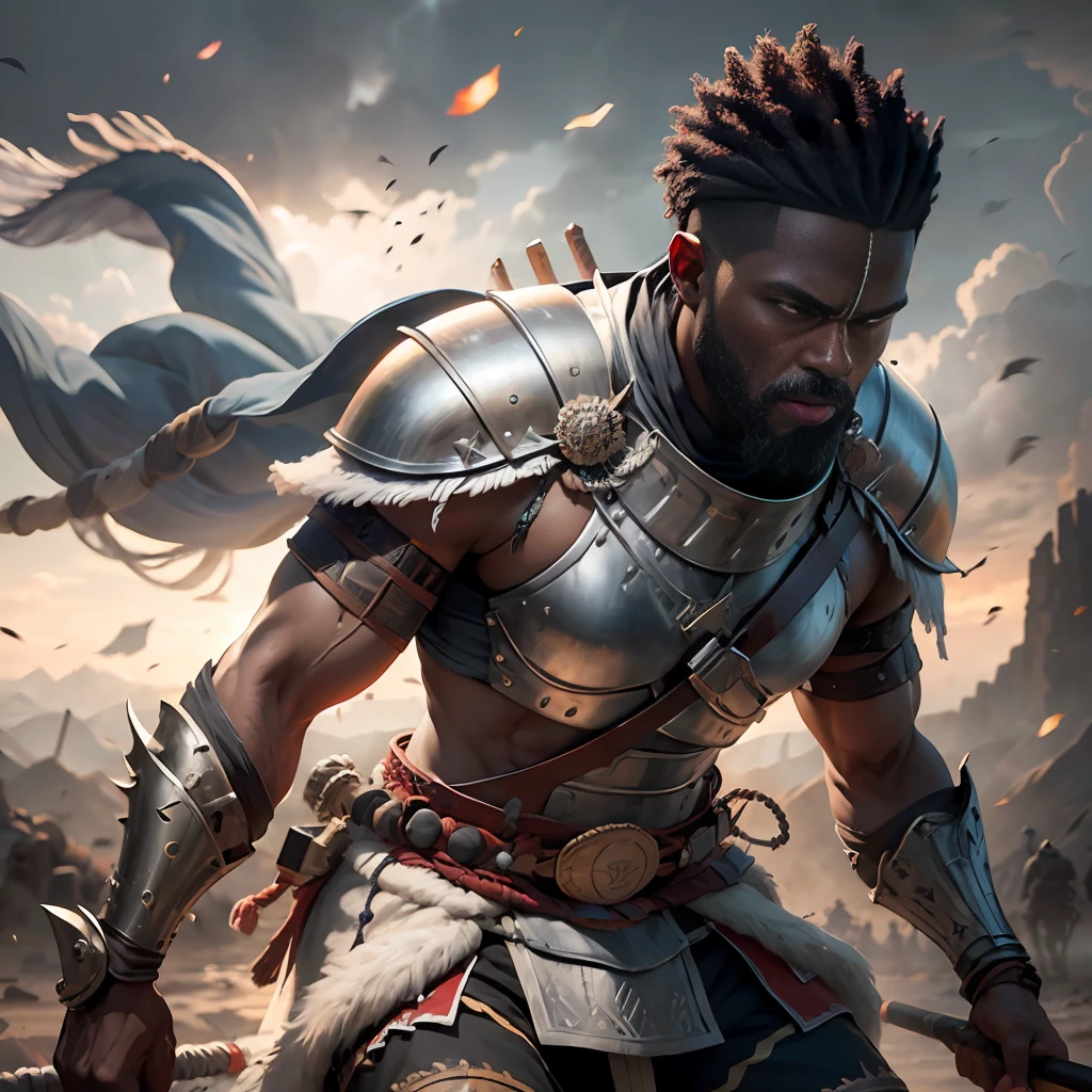 a yoruba warrior preparing for battle, realistic raytraicing, dramatic, dramatic lighting, high contrast, highest definition, hyperrealism, hyperrealistic, photorealistic, high resolution, 8k --auto --s2