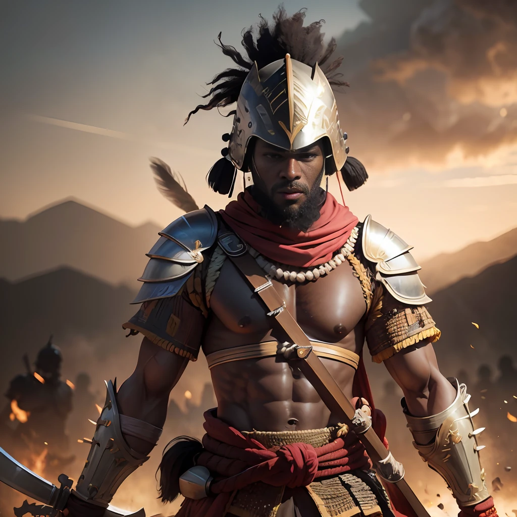 a yoruba warrior preparing for battle, realistic raytraicing, dramatic, dramatic lighting, high contrast, highest definition, hyperrealism, hyperrealistic, photorealistic, high resolution, 8k --auto --s2