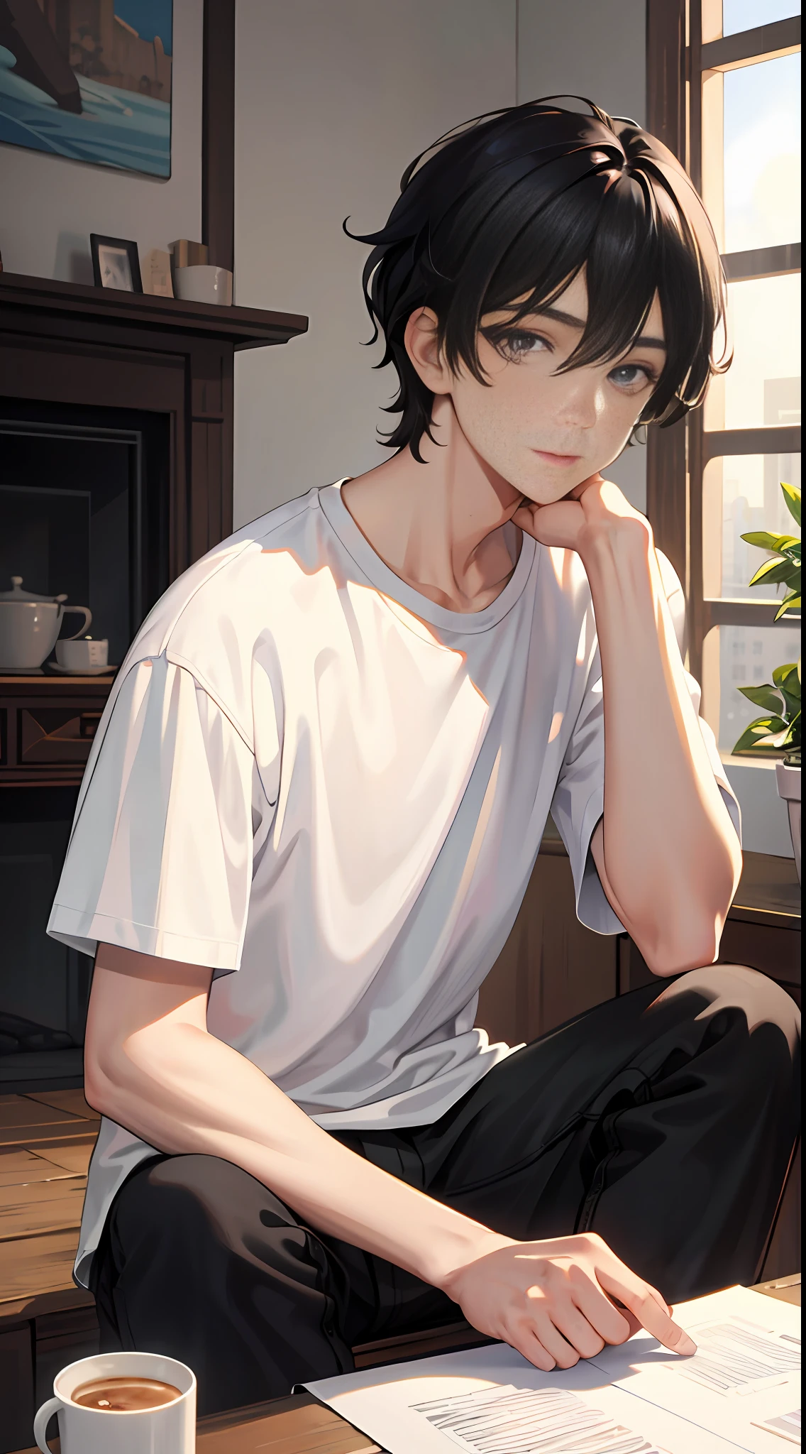 Masterpiece, best quality, super detailed, illustration, beautiful detailed eyes, close up, 1 boy, short black hair, comma hair, white t-shirt, black pants, at home