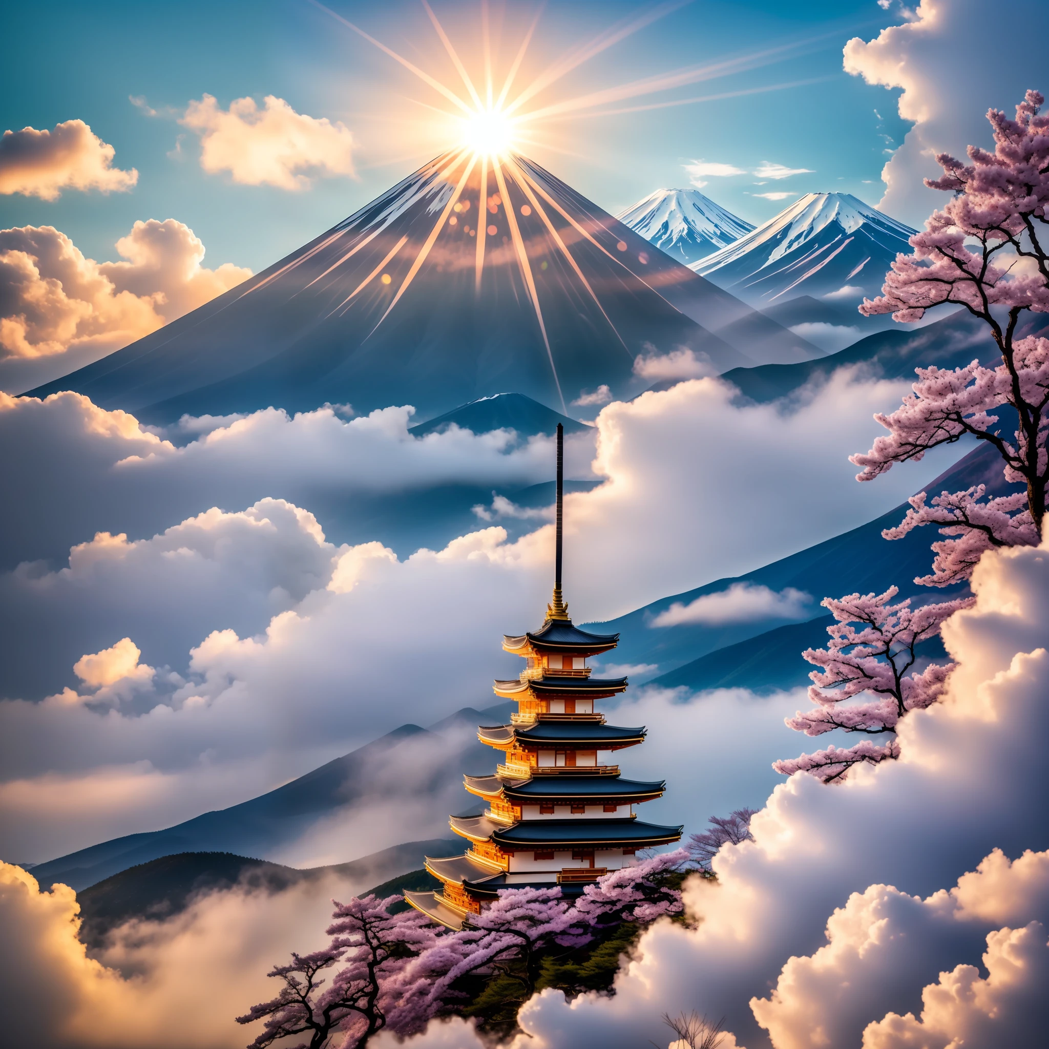 The morning sun shines gently, and its light illuminates the majestic appearance of Mt. Fuji. In the midst of this magnificent landscape, a god appeared gracefully on a crane. It is Daikoku-sama, the god of good luck and prosperity.
Daikoku-sama scatters the clouds and soars through the sky on a crane. The figure is as graceful as dancing in the wind, and you will be amazed by its beauty. The crane flapped its wings limply, carrying Daikoku-sama in the high sky. In that moment, all eyes are glued to Daikoku-sama.
Treasures that symbolize happiness and prosperity shine around Daikoku-sama. It is a treasure that has the power to make people's wishes come true. Daikoku-sama has a benevolent smile on his face and is preparing to bestow good luck and prosperity on people.
The majestic presence of Mt. Fuji and the brilliance of the rising sun further enhance the majesty of Daikoku-sama. His presence gives people hope and courage and illuminates the way to the future. The appearance of Daikoku-sama foreshadows a new beginning and the arrival of happiness.
This prompt depicts the divinity and majesty of Daikoku-sama, who gracefully appears on a crane against the background of Mount Fuji as the rising sun rises. His presence symbolizes good luck and prosperity and has the power to give people hope. It also captures the grandeur and mystery of nature to capture the reader's imagination and portray the setting of the story even more vividly. --auto --s2