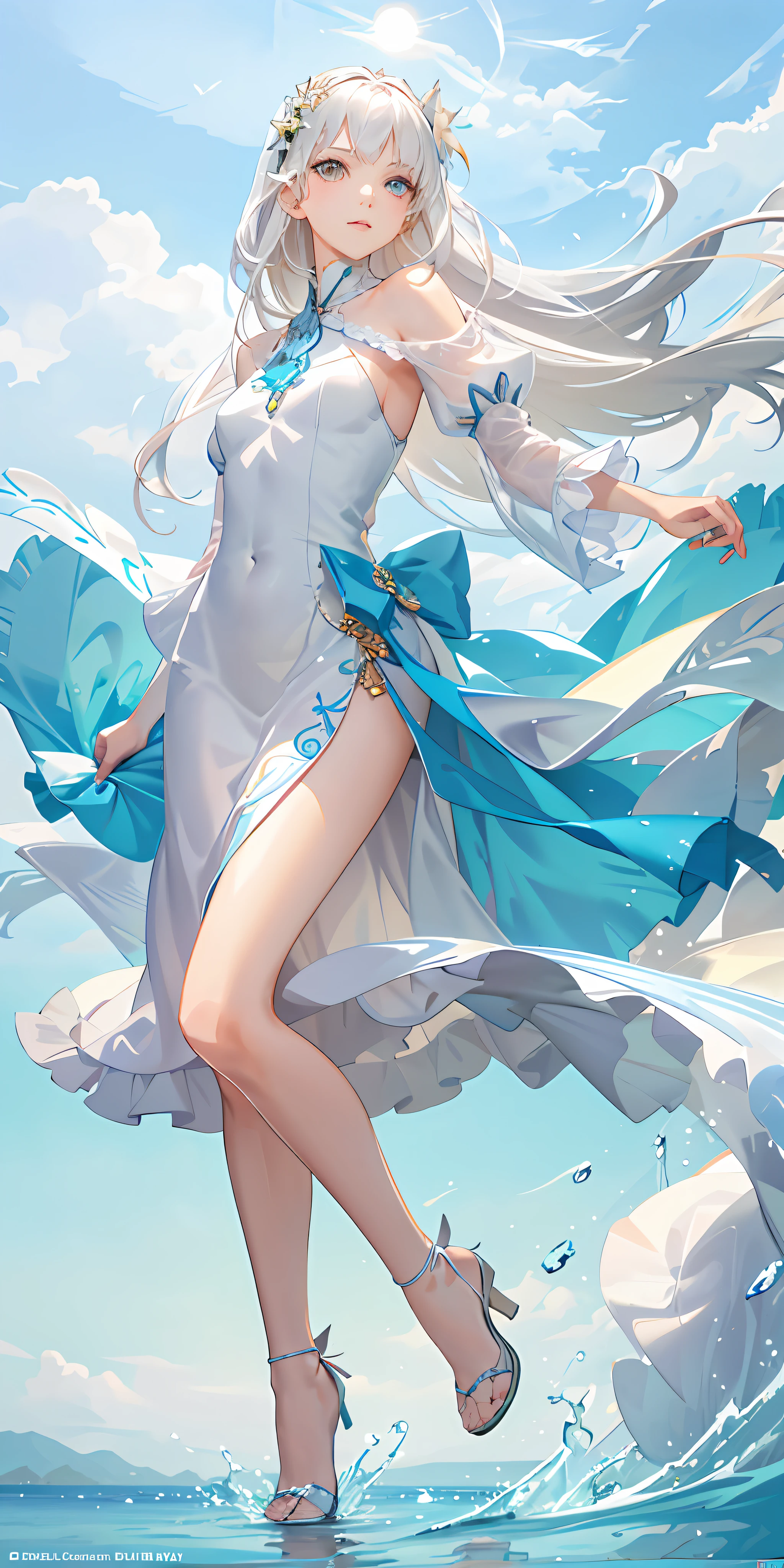 Top Quality, Full Body, High Quality Texture, Fine-grained, Realistic Expression of Face, Detailed Skin, Anime, Girl, Gentle Eyes, Sexy, Mix, Model, Illustration, Portrait, Semireal, Princess, Dress, White Dress, Fair Skin, Wind Flower, Meadow, Water Lake, Sun, Light, (Small), White Hair