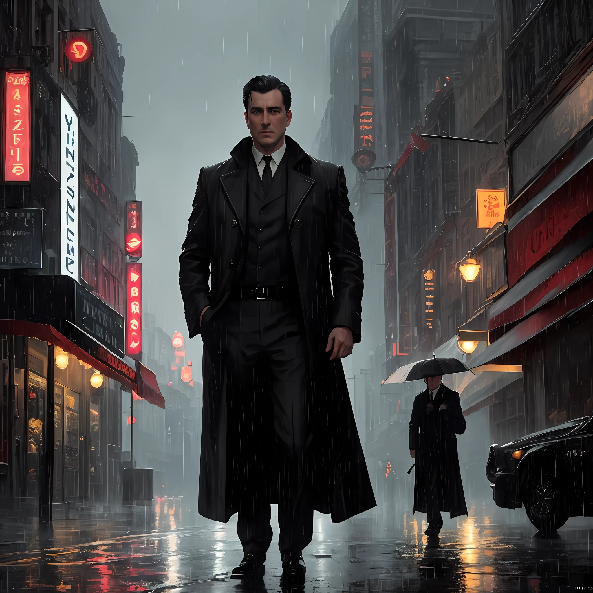 (masterpiece,best quality: 1.2), ultra-detailed face, (muted colours:1.2, dark studio, rim lighting, two tone lighting, dimly lit, low key, ), ((heavy rain weather)),long leather rain coat,
a poster for a 1930s \(style\), noir detective movie,(noir atmosphere:1), gloomy atmosphere,night city street, emphasis on noir colors,
It was a typical night in the city of New York in the 1930s, and Detective Jack Sullivan was feeling the weight of the world on his shoulders. He had just returned to his office after a long day of pounding the pavement, trying to solve the latest case that had been thrown his way. It was a tough one, and he was no closer to finding the perpetrator than he was when he started,
trending on ArtStation, trending on CGSociety, Intricate, High Detail, dramatic, photorealistic painting art by midjourney and greg rutkowski,