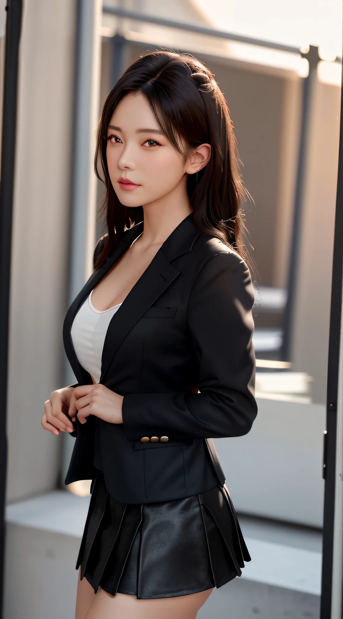 best quality, masterpiece, 1girl, Beautiful face, (photo realistic:1.3), rim lighting, (high detailed skin:1.2), 8k uhd, dslr, high quality, high resolution, 4k, 8k, Bokeh, absurdres, best ratio four finger and one thumb, (realistic:1.3), cute 1girl, wearing black formal blazer, medium breasts, short skirt,