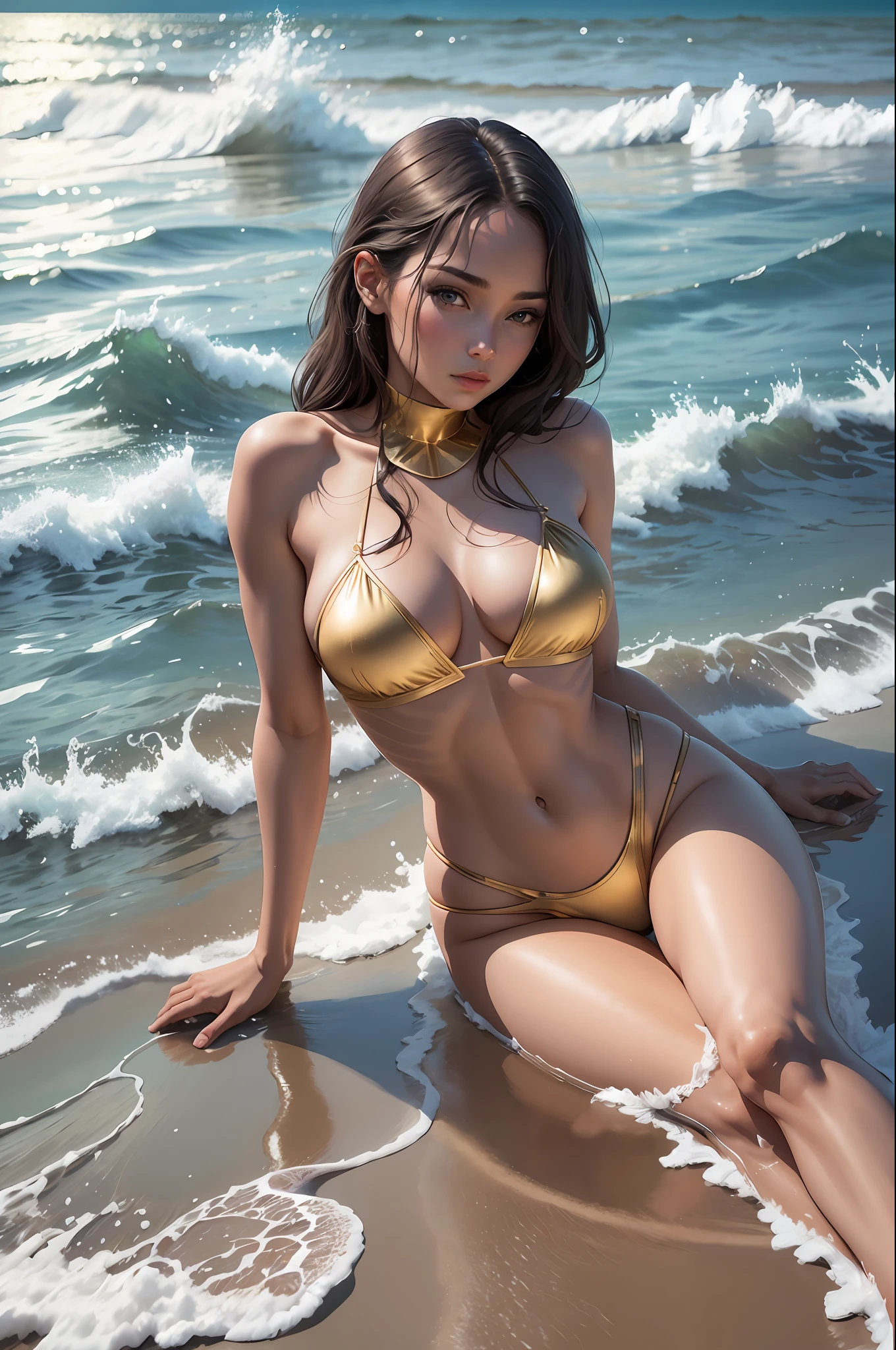 Top quality, masterpiece, girl one, (beautiful woman), complex swimsuit, closed swimsuit, high-leg swimsuit, very elaborate, full body, beach, vivid, professional lightness, golden ratio, beautiful appearance, 4k, slim body, angel eyes, photorealistic, ultrarealistic, sony a9, 85mm, f/1.4, best quality, award winning, perfect composition --s2