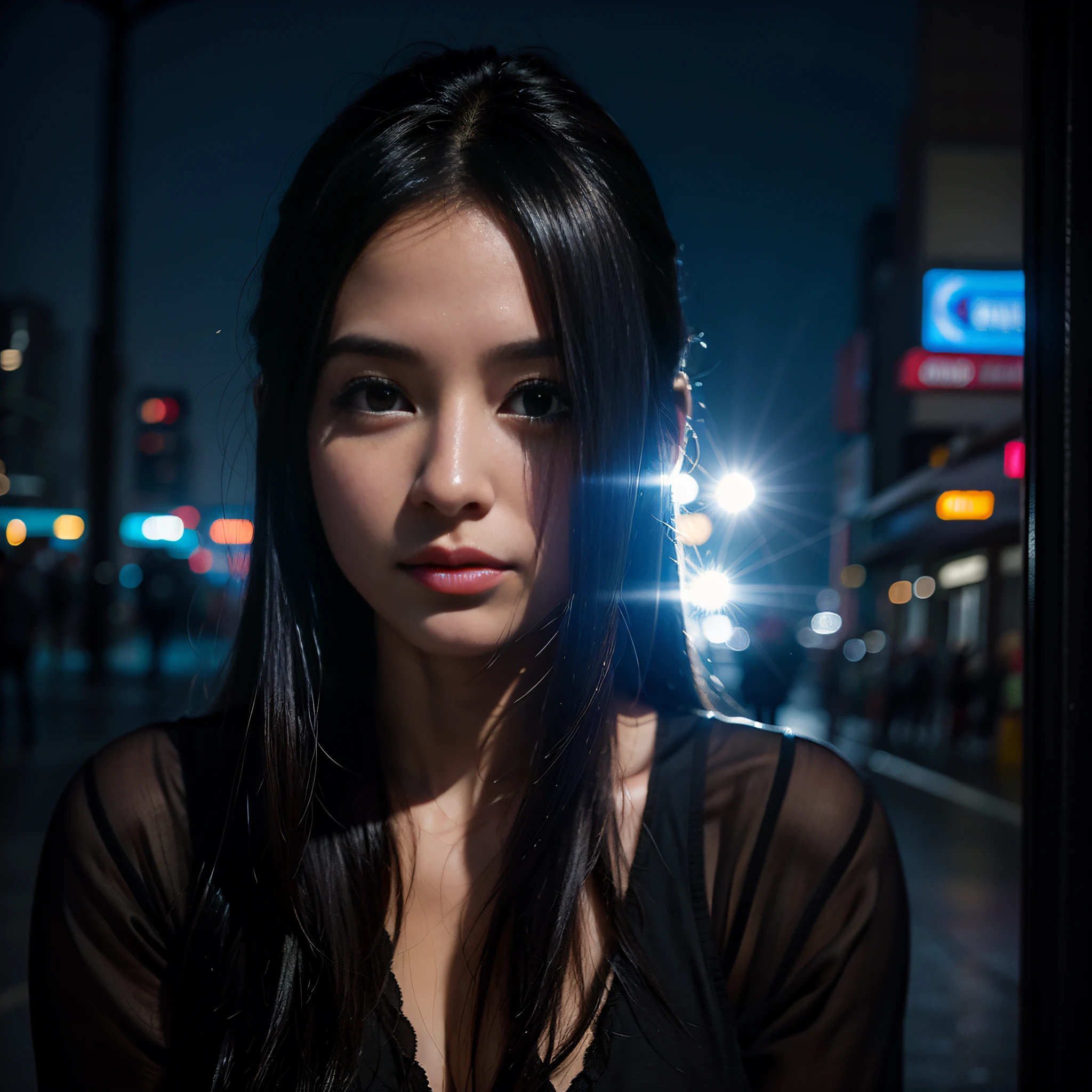 Photo, (Photorealistic: 1.4), (Hyperrealistic: 1.4), (Cinematic: 1.5), Woman in her 20s, Double Exposure, Black and White, Silhouette of Woman with Urban Night Scene, Double Exposure,