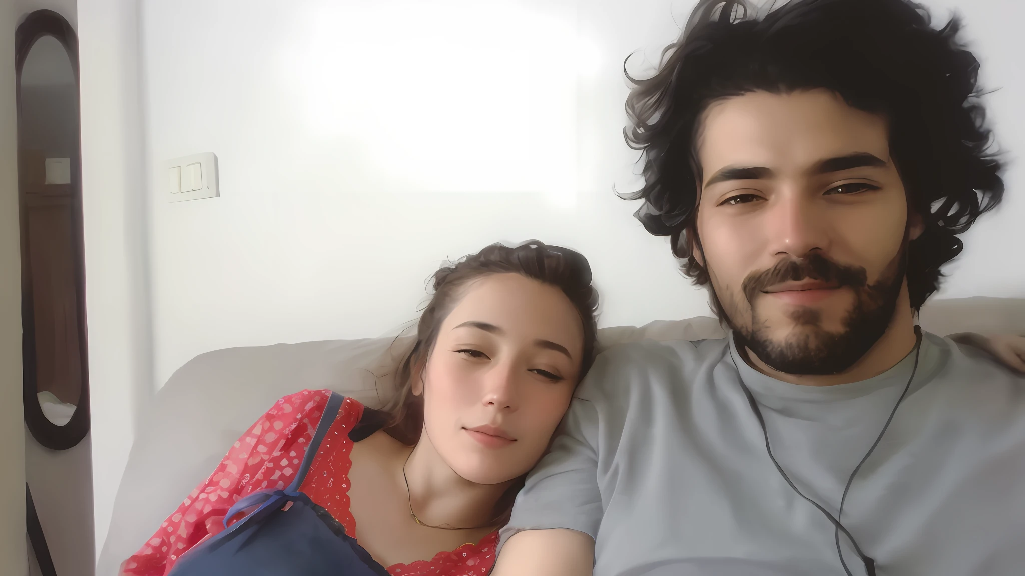 there is a man and woman laying on a couch together, the background is steampunk and detailed, ayanamikodon and irakli nadar, very very good quality picture, profile image, couple portrait, by Nándor Katona, lovely couple, cuddling, couple on bed, on a couch, profile pic, they are in love, by Alexis Grimou, portrait of two people